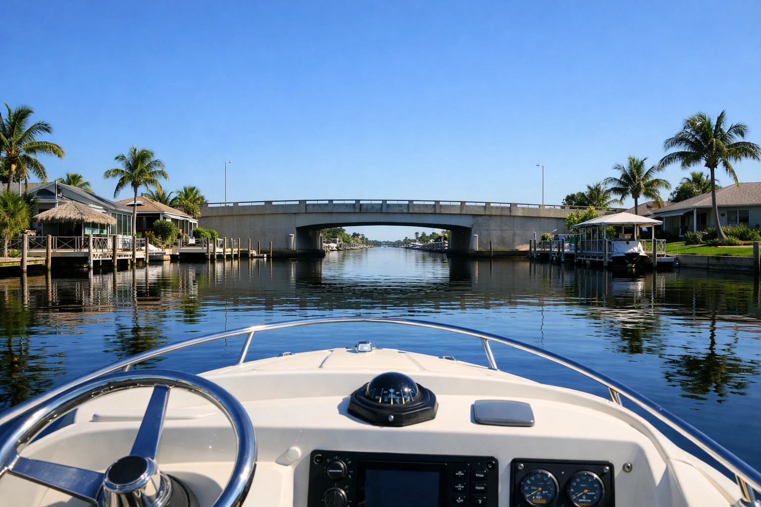 Boater's perspective of a canal bridge in Cape Coral showing waterfront property access.