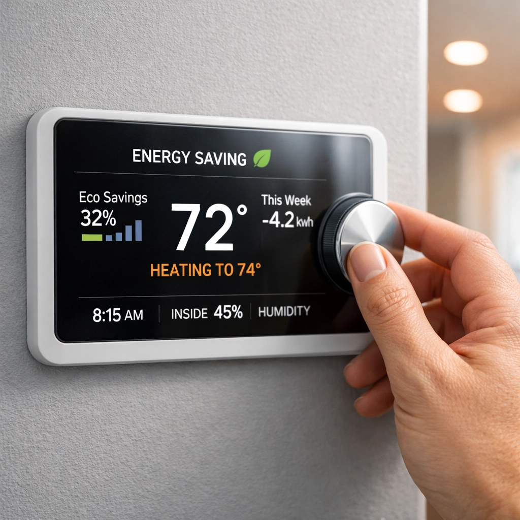 Smart thermostat displaying energy savings in new construction home