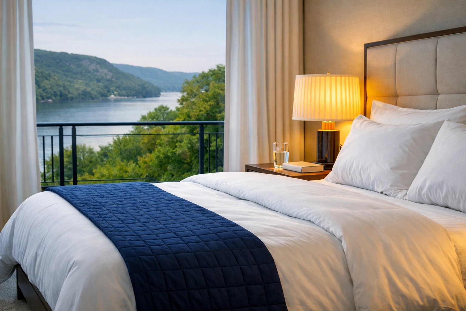 Tidy master bedroom with freshly made bed linens after a professional bi-weekly cleaning in Hudson, MA.