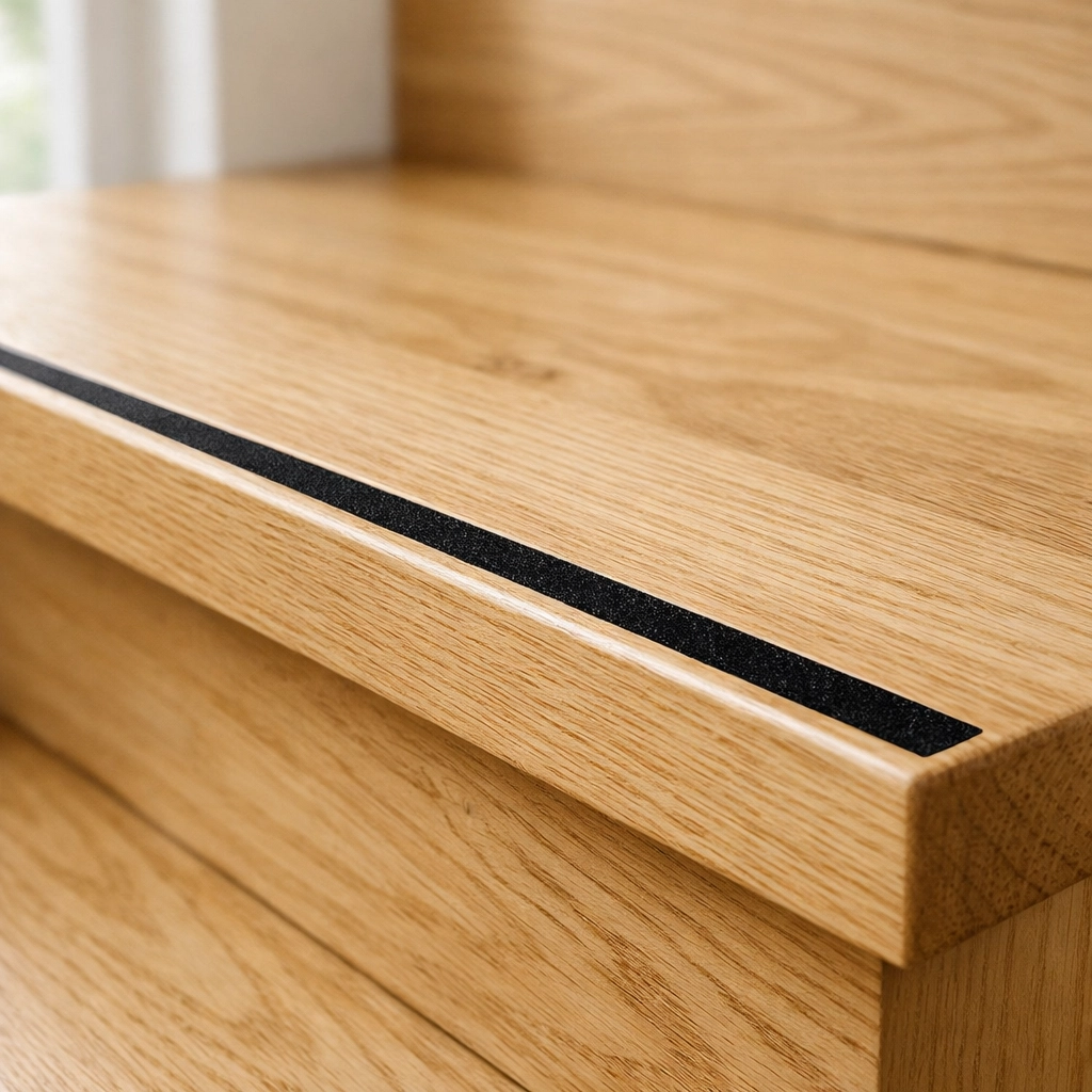 Close-up of a wooden stair step with a high-contrast anti-slip strip for better visibility and safety.