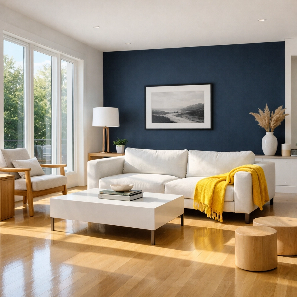 Pristine modern Massachusetts living room with polished hardwood floors and a guest-ready finish.