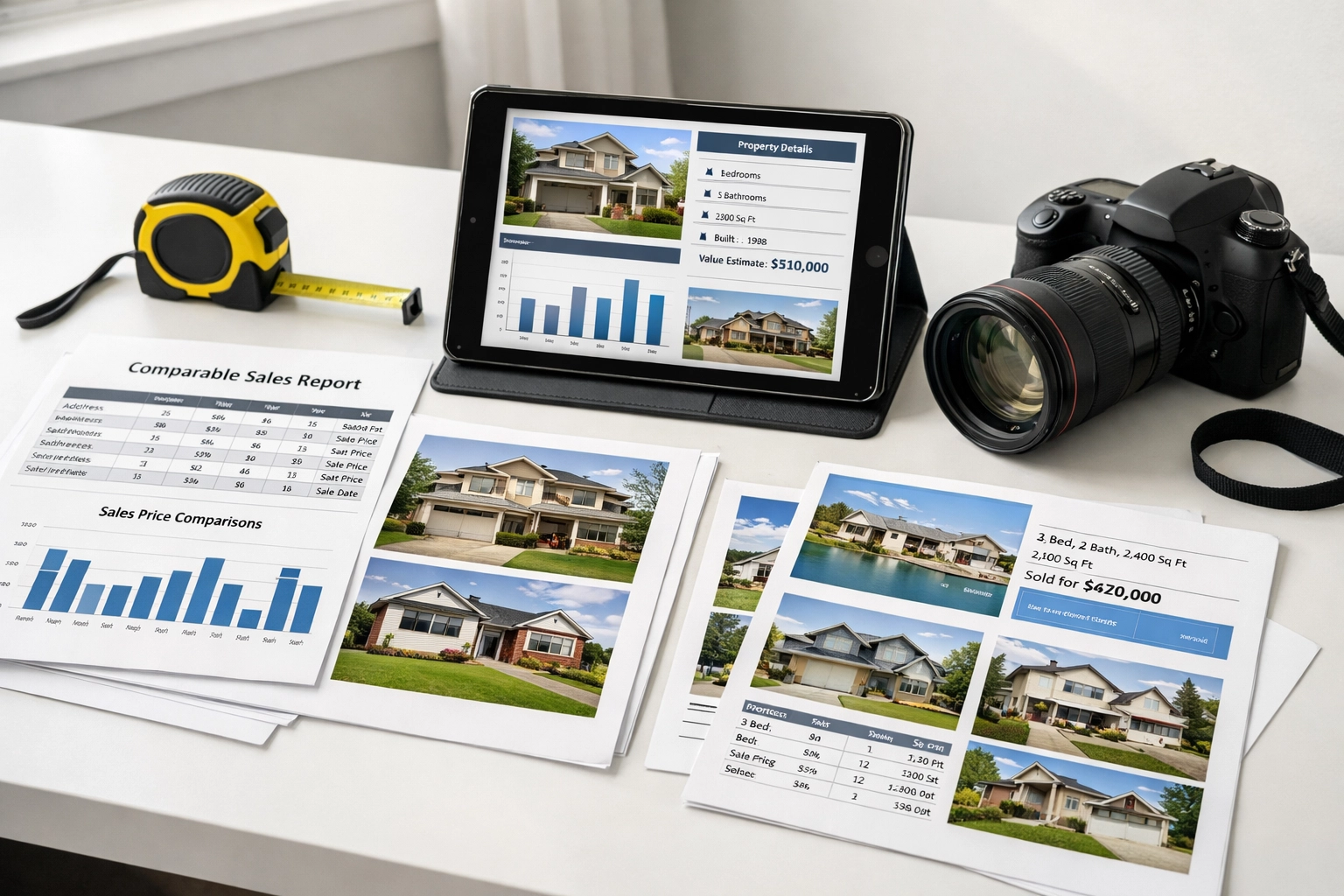 Professional appraiser's desk with property reports and documentation for tax appeal