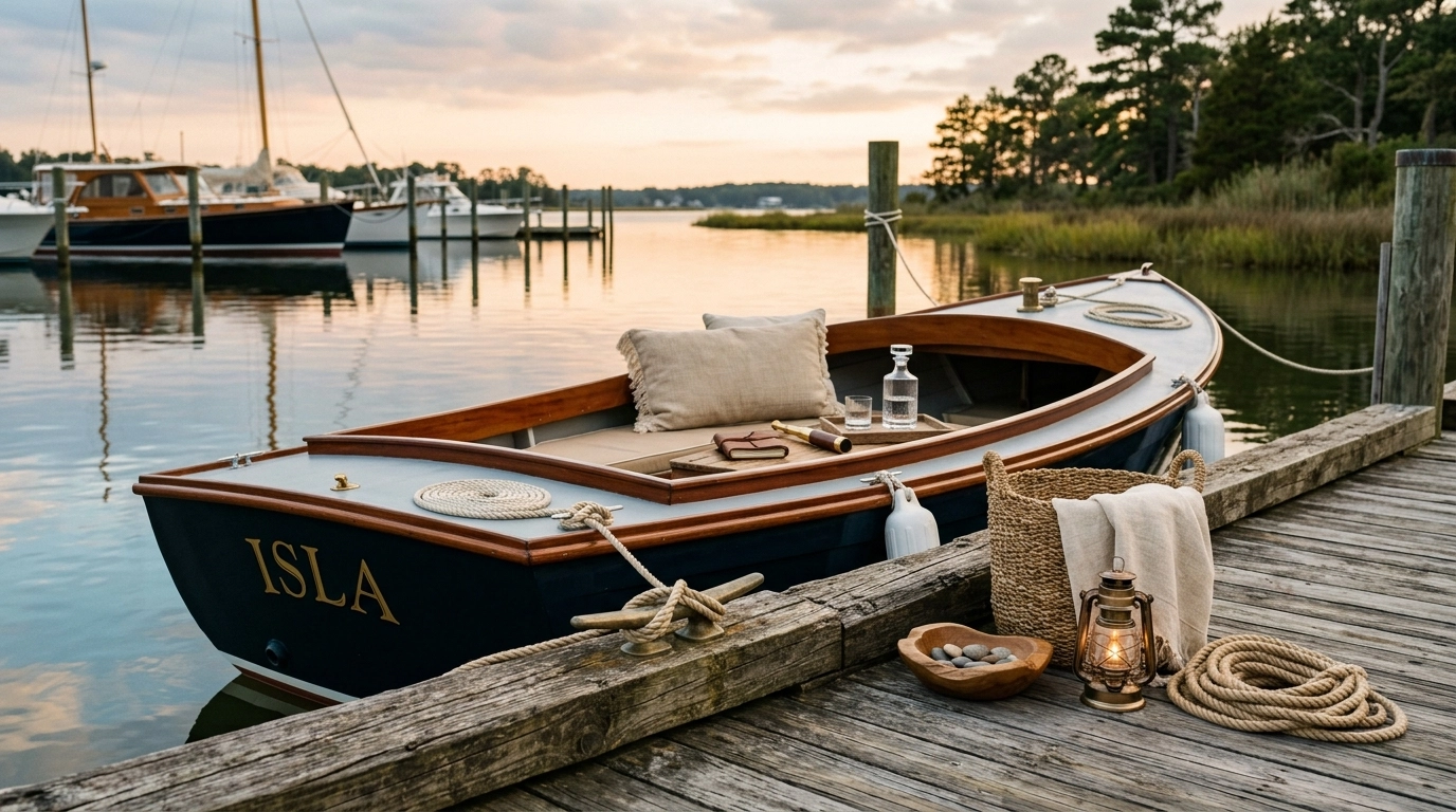 Boho Chic marina slip and boat at a quiet Northern Neck dock