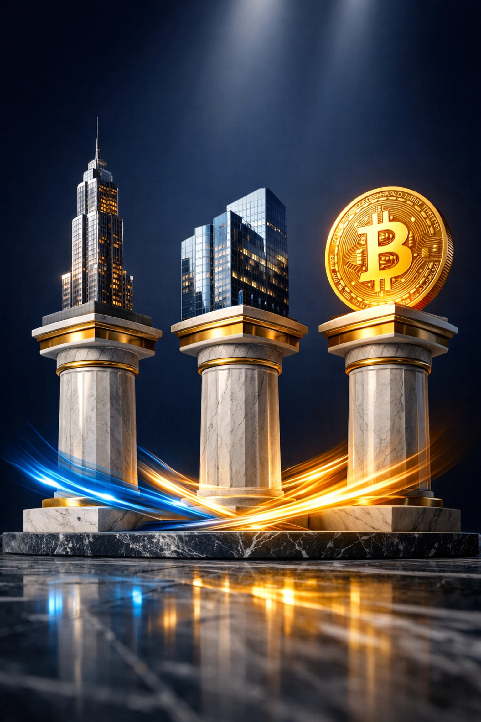 Three pillars representing private equity, real estate, and Bitcoin portfolio diversification