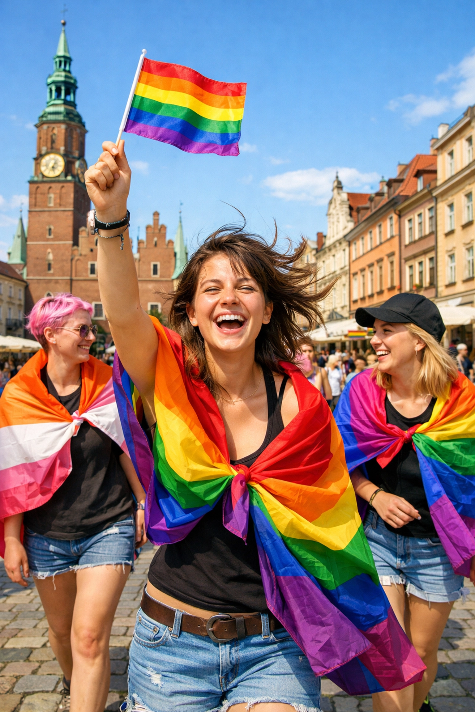 Queer women celebrating with Pride flags in a European plaza, showing rising LGBTQ+ visibility in the region.