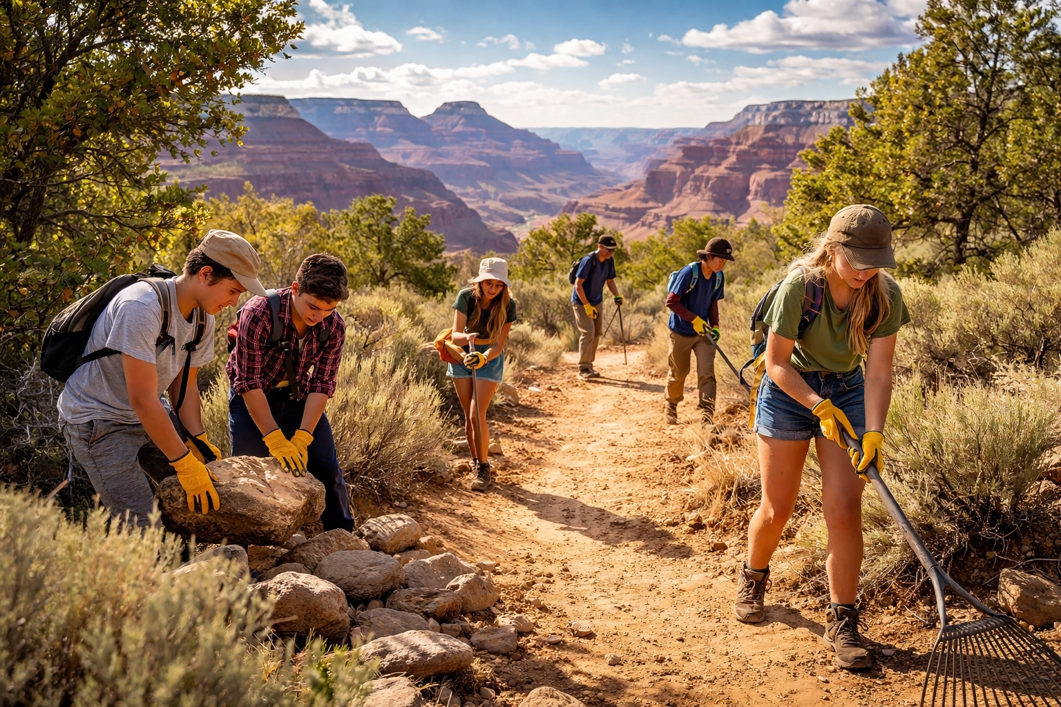 High school students perform trail maintenance near the Grand Canyon, engaging in service learning activities.