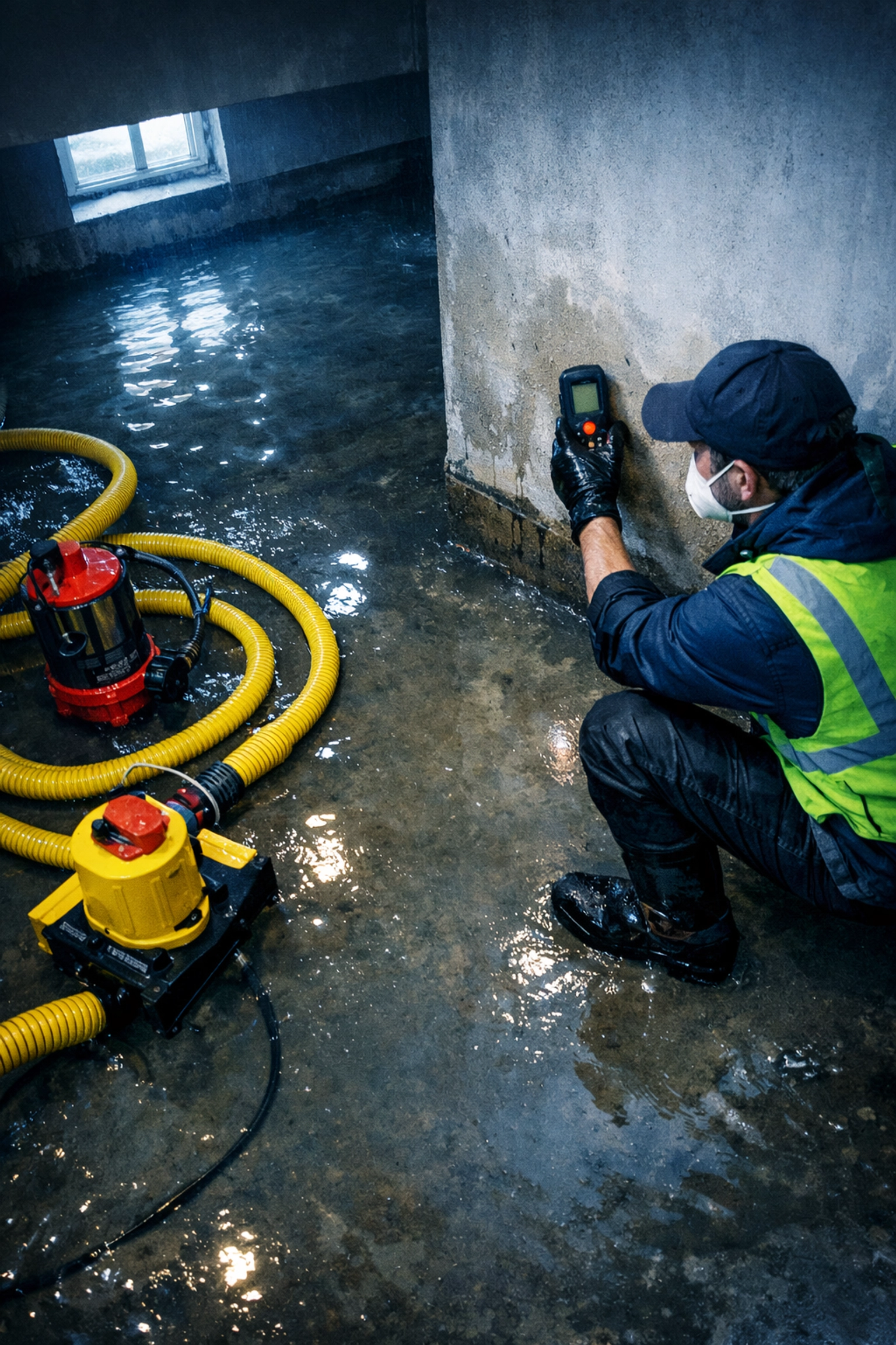 Professional water damage inspector assessing flooded Delaware basement with moisture meter and extraction equipment