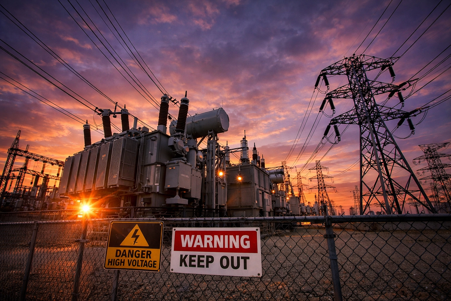 Electrical grid infrastructure showing transformers and power lines under strain from demand