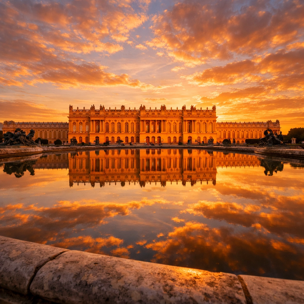 Versailles Palace reflection in the Water Parterre, among the best photography locations.