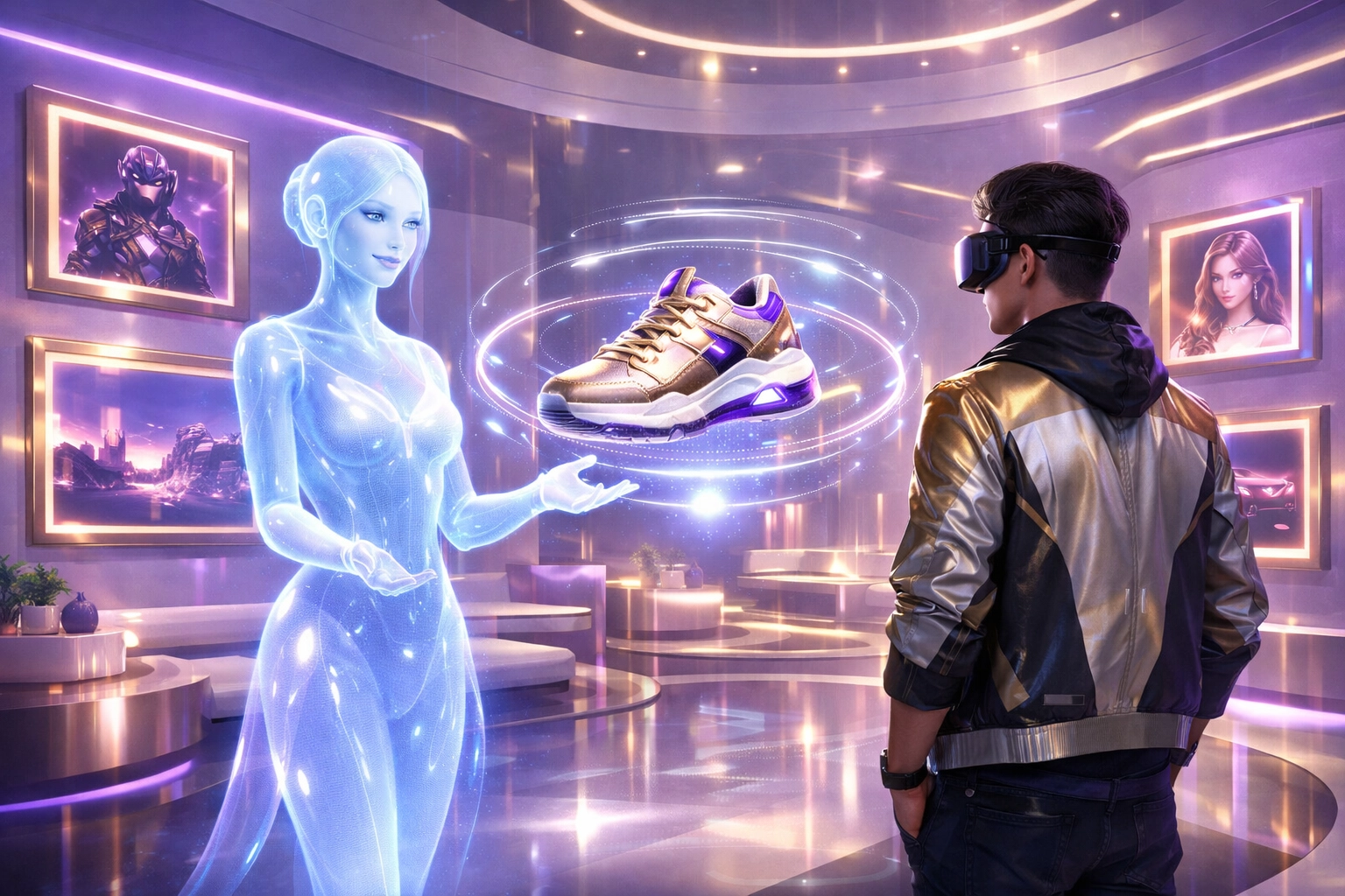 AI-powered metaverse shopping experience featuring secure Larecoin decentralized commerce.