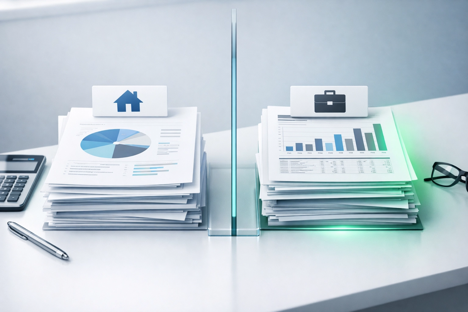 Separate stacks of personal and business financial documents for Florida tax planning