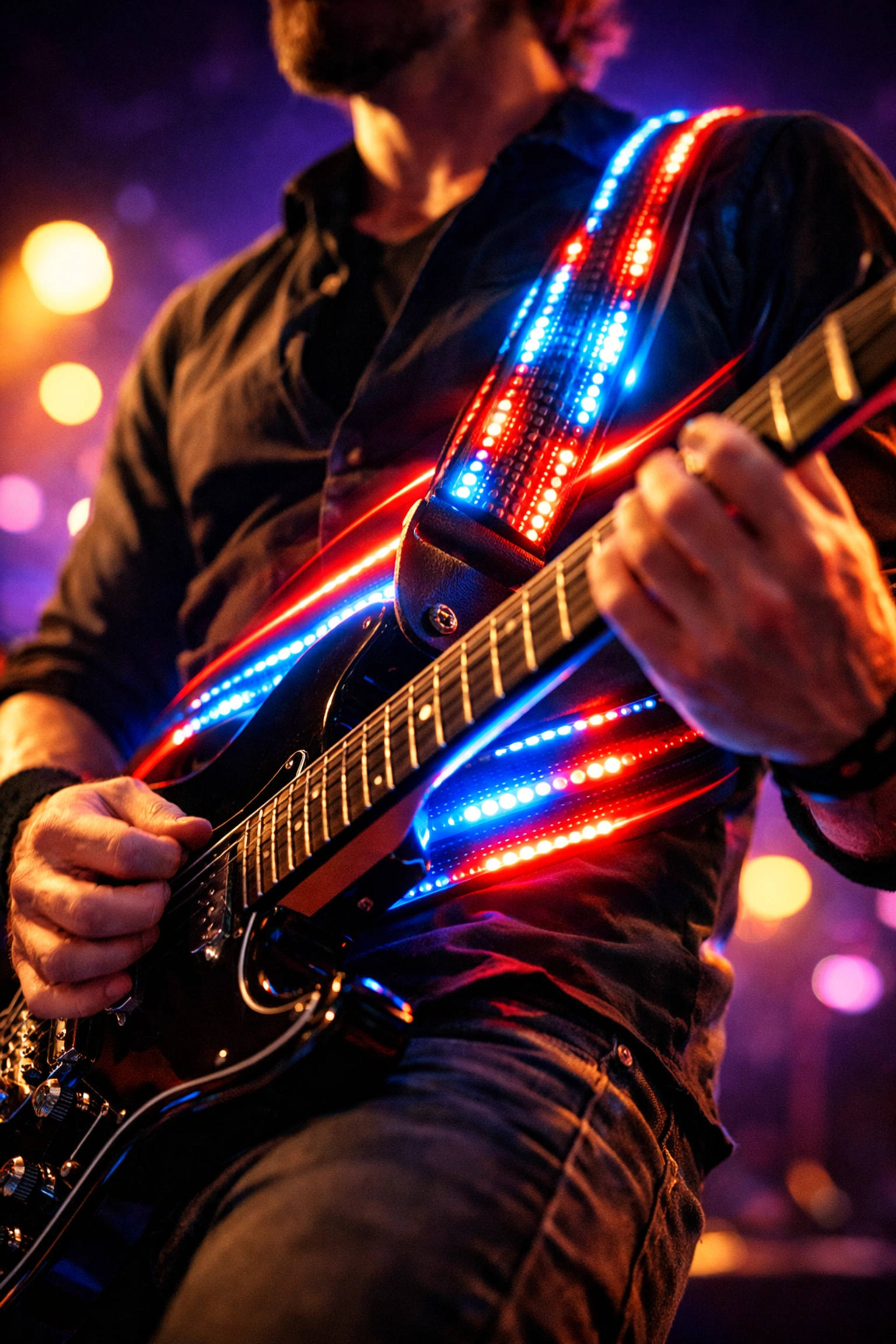 Sound-activated LED guitar strap glowing blue and red during live performance