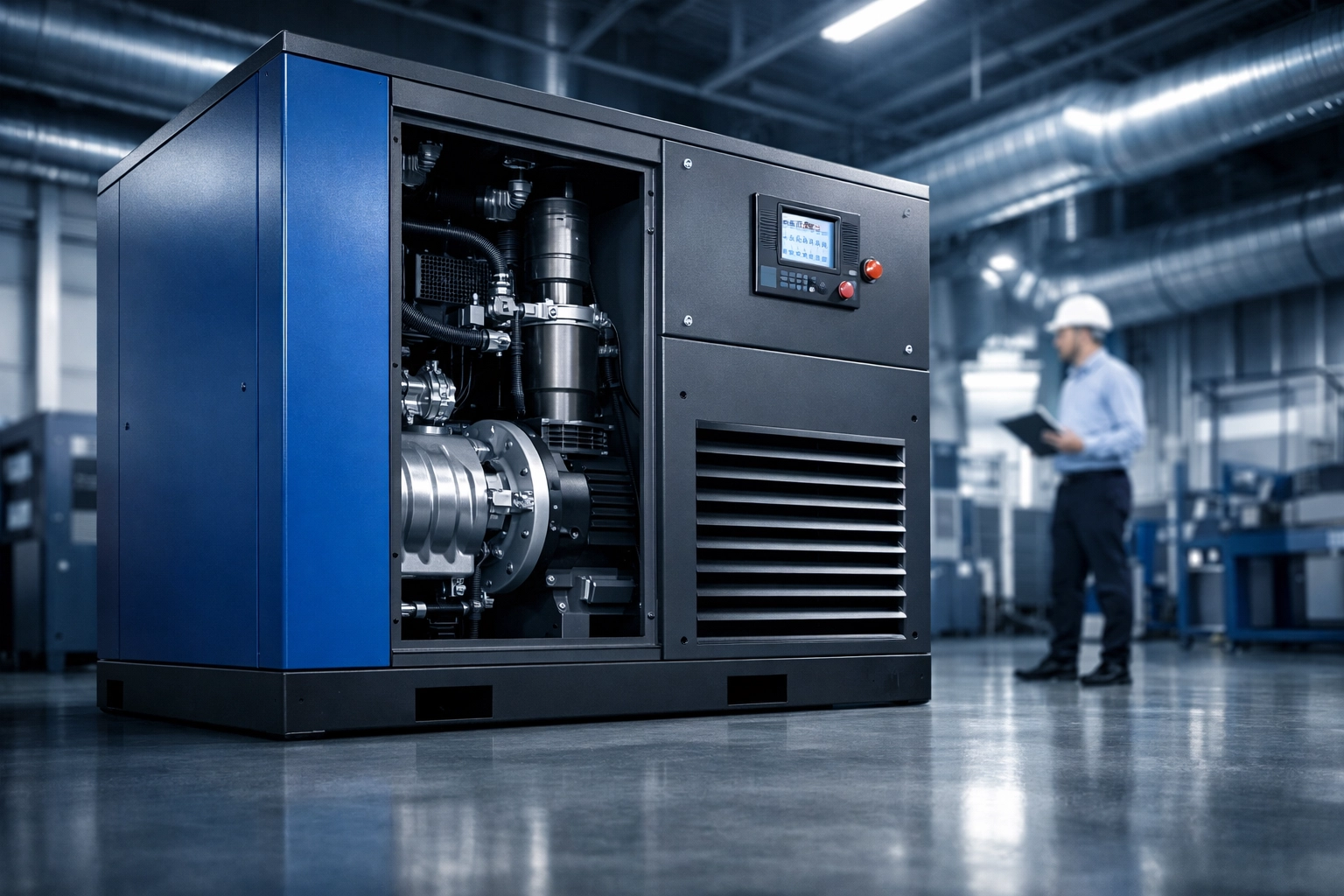 High-efficiency industrial PMV screw air compressor with oversized cooling for resilient Mexican manufacturing.
