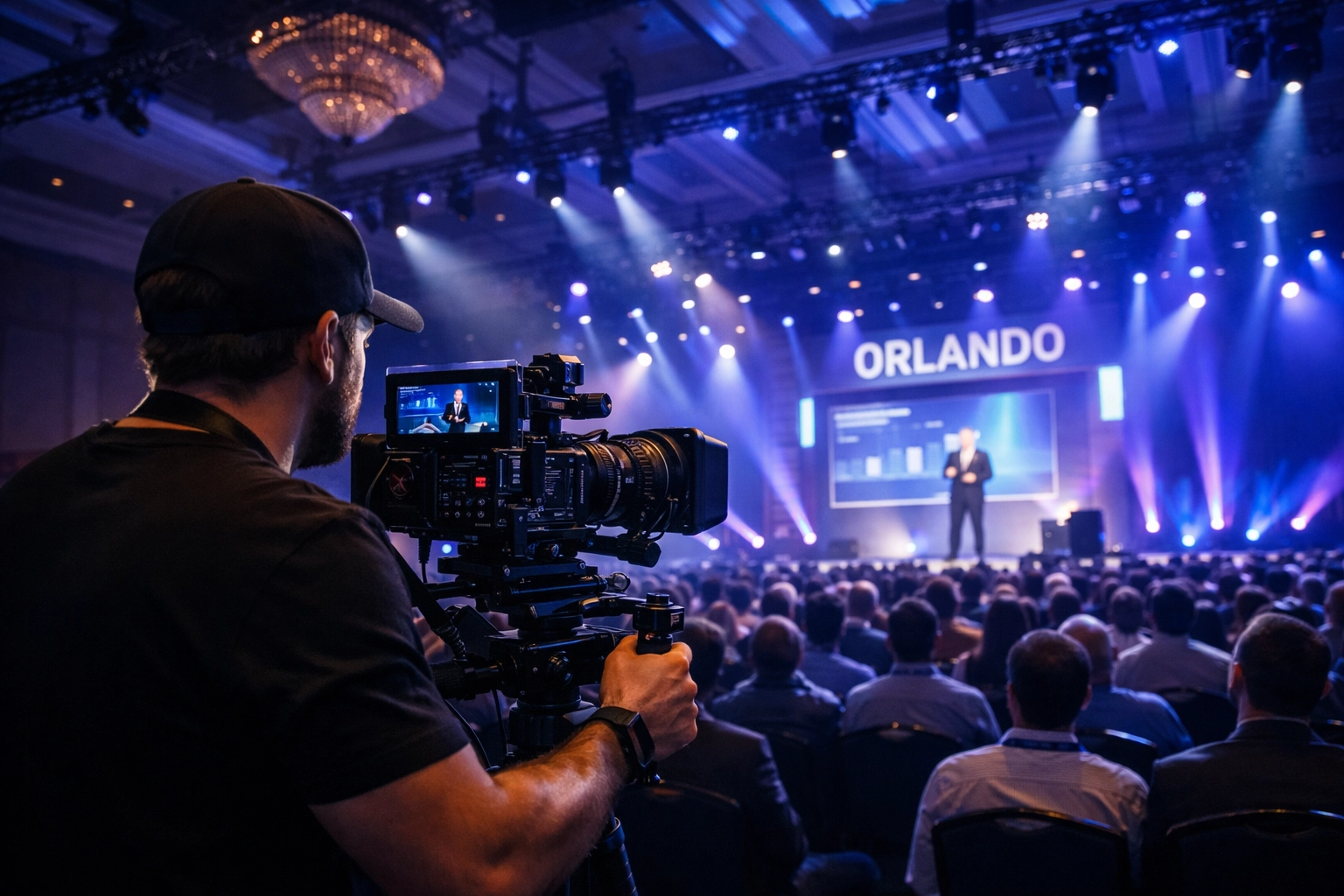 Expert corporate event videographer using professional gear to film a keynote session in Orlando.
