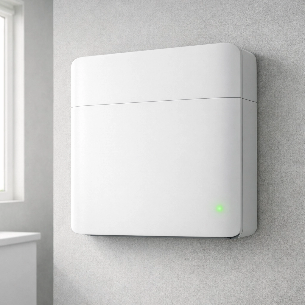 A premium white home energy storage battery installed for residential solar power security.