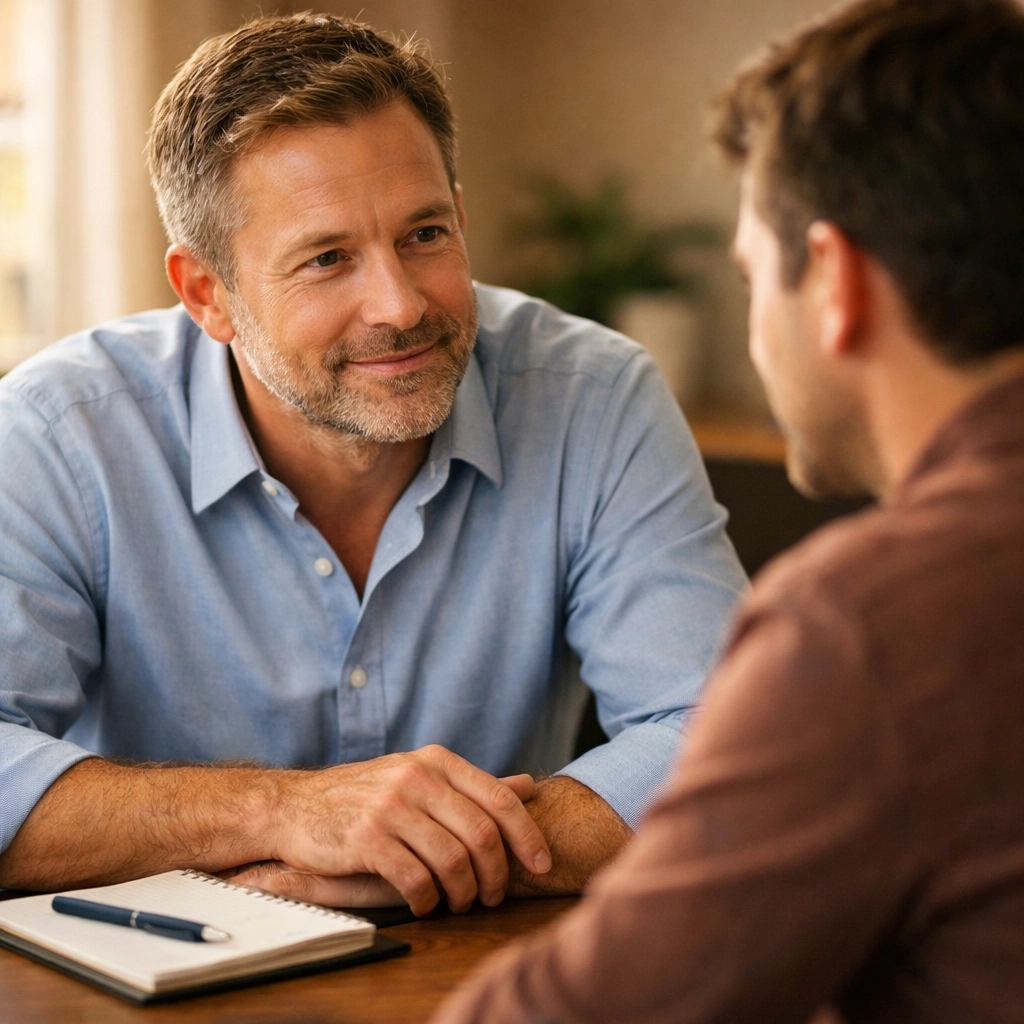 Manager supporting employee in one-on-one conversation about workplace mental health