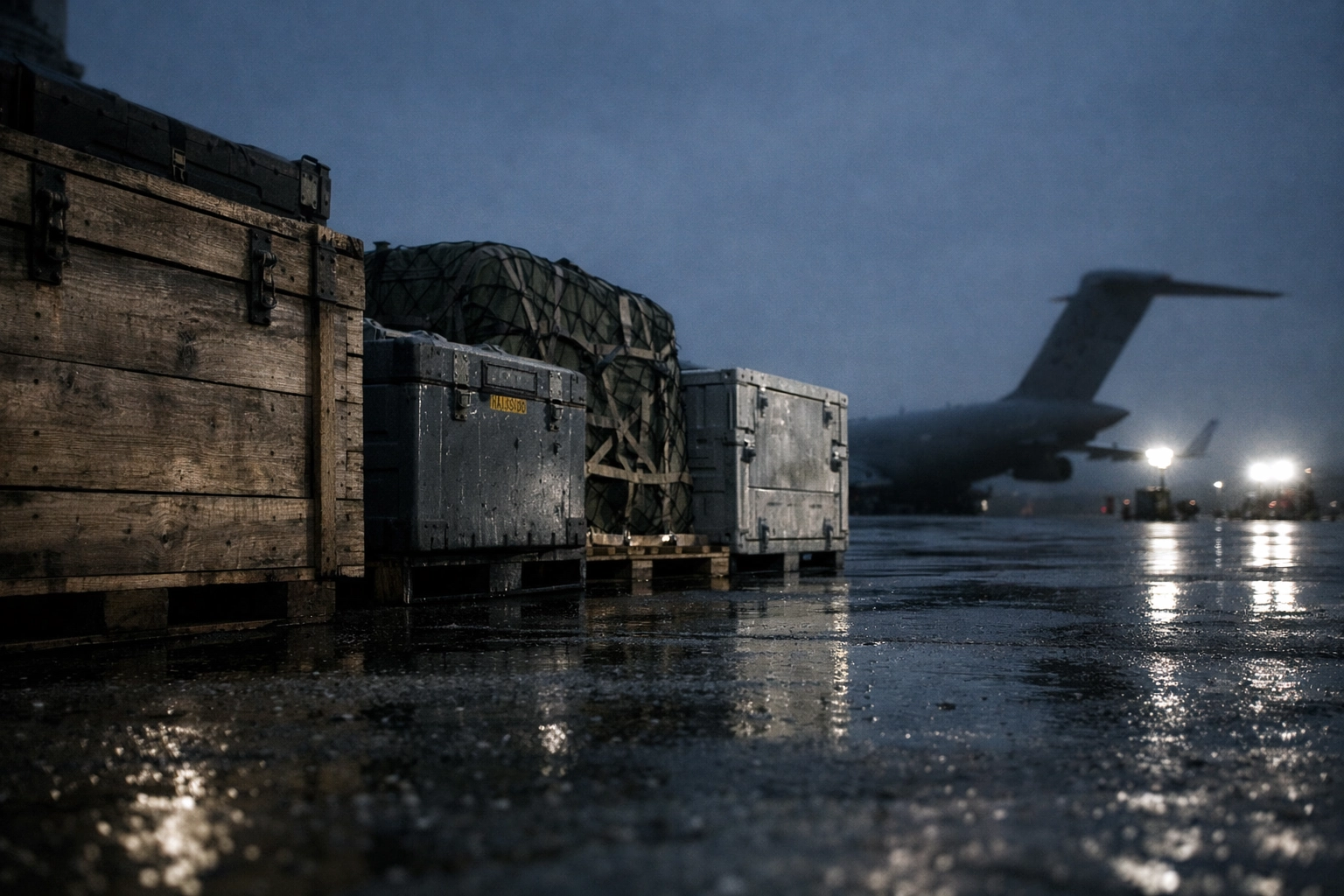 Military cargo containers on a wet airfield representing EU defence aid and logistics for Ukraine.
