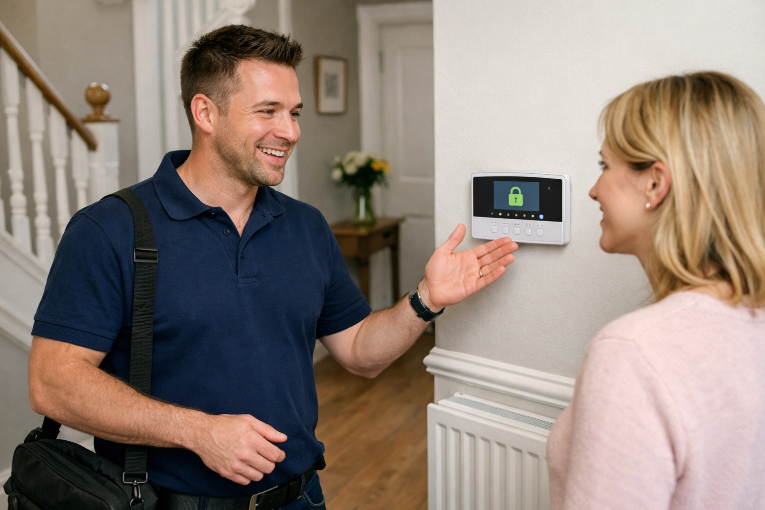 i-Spy CCTV security specialist demonstrating a home intruder alarm system to a customer in Portsmouth.