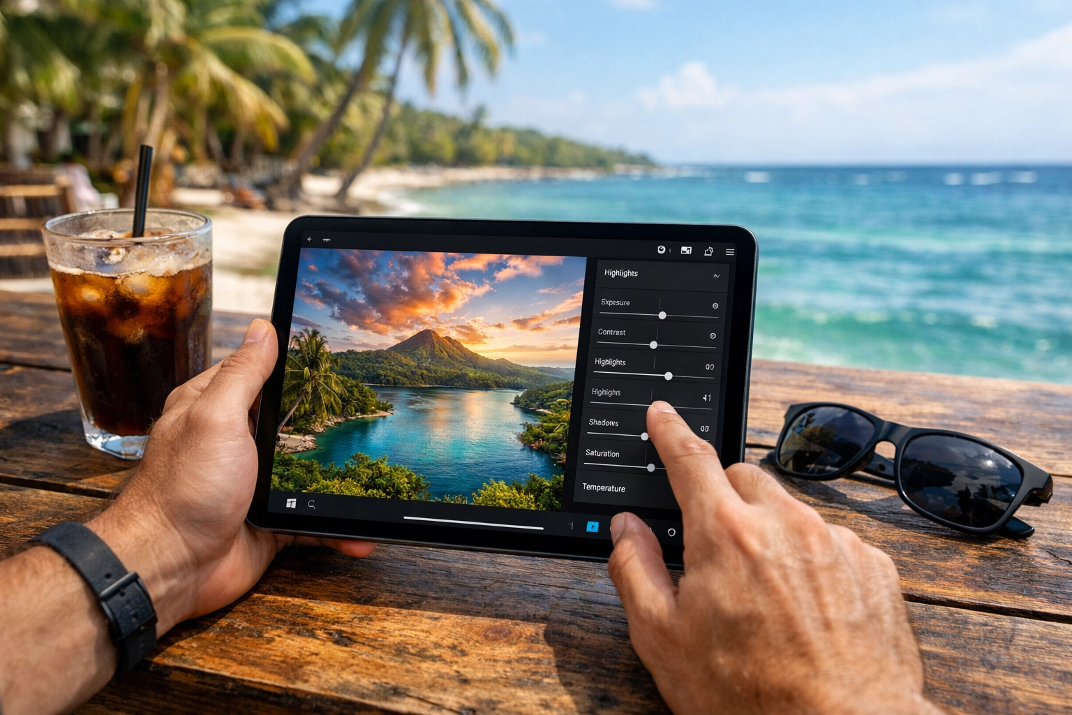 Photographer using a tablet to edit travel photos at a tropical beachside cafe, showcasing a mobile AI workflow.