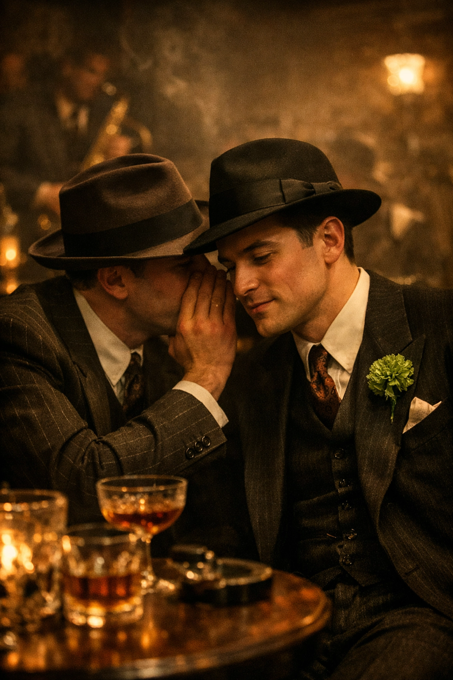 Two men in vintage 1920s suits whispering in a jazz club, illustrating early gay history and secret queer codes.