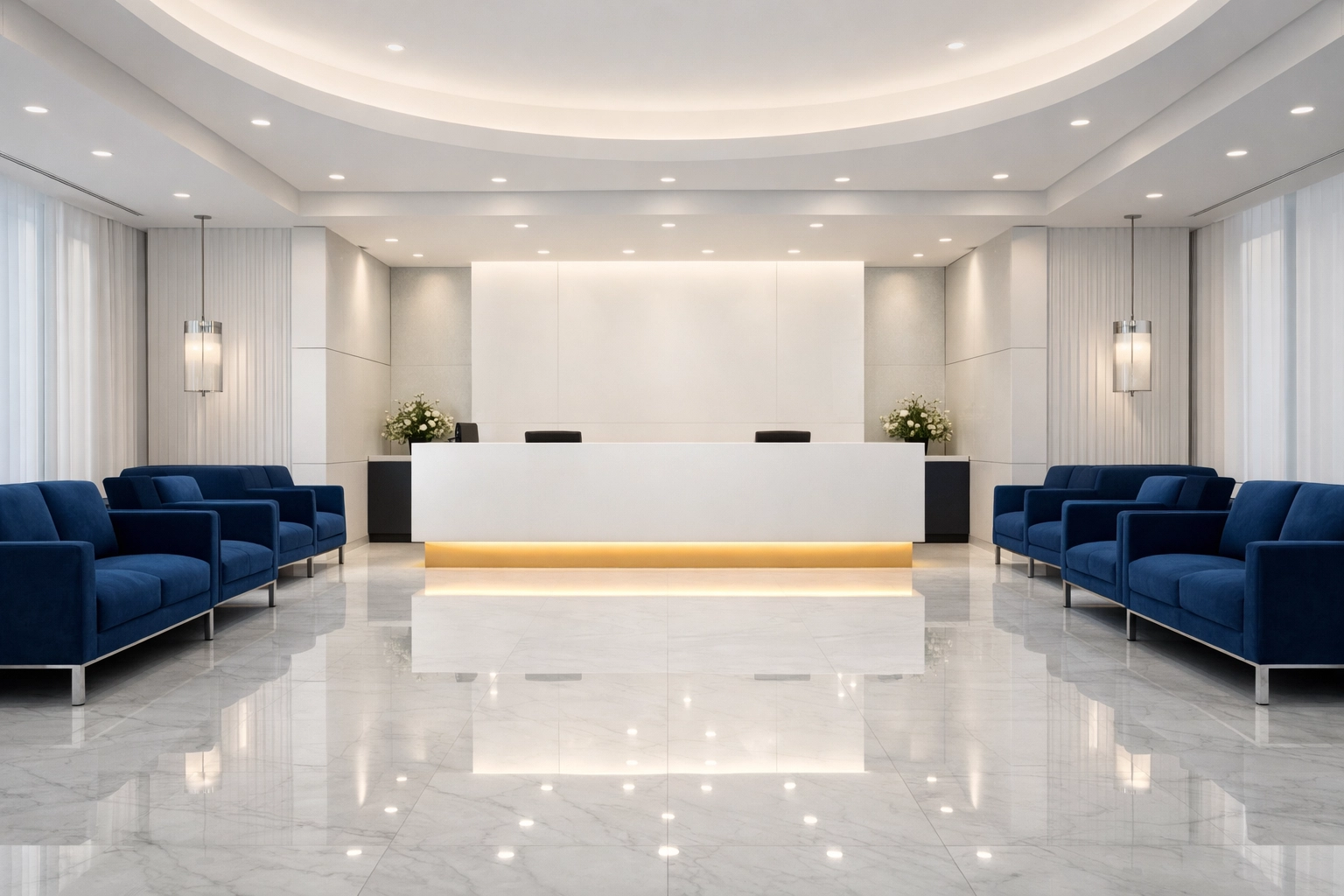 Pristine medical reception area with polished marble floors showing professional B2B cleaning results.