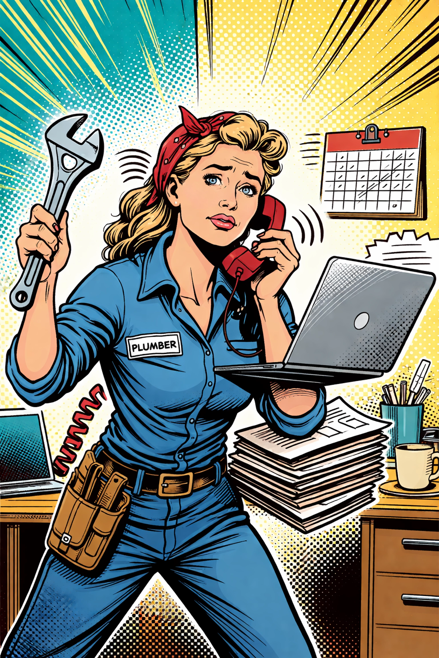 Pop art of a female plumber balancing work and marketing, highlighting small business hustle in home services.