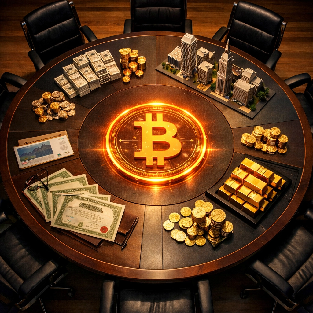 Institutional investment strategy displaying multiple asset classes including Bitcoin and alternatives