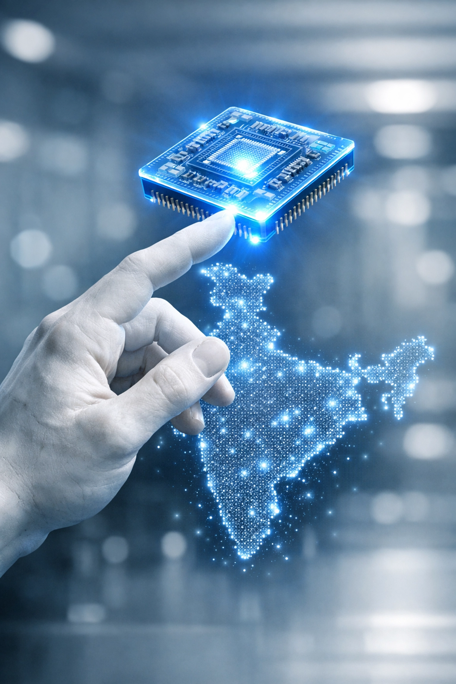 A glowing semiconductor microchip over a map of India highlighting Budget 2026 India tech goals.