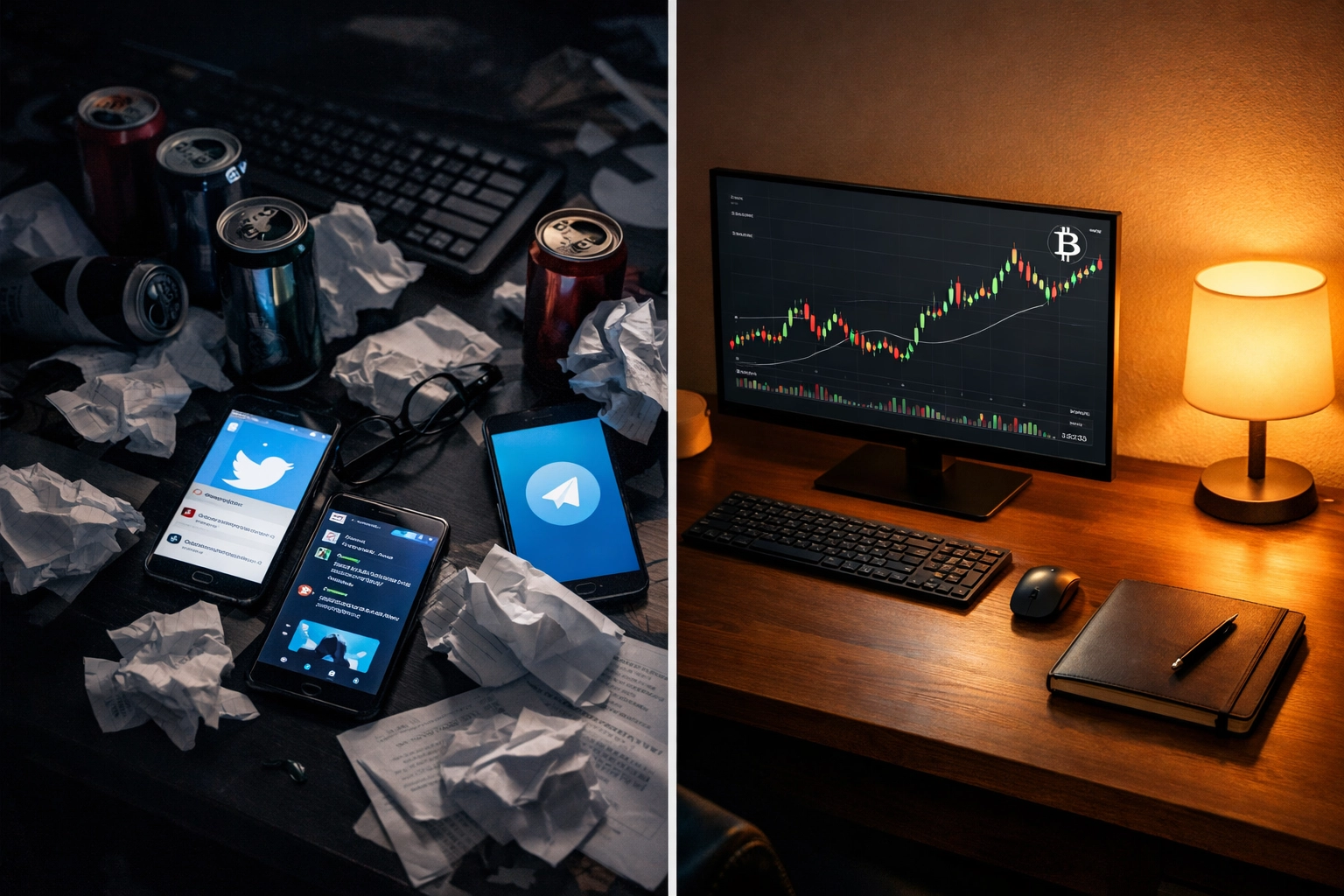 Side-by-side comparison of chaotic emotional trading desk versus organized disciplined trading workspace