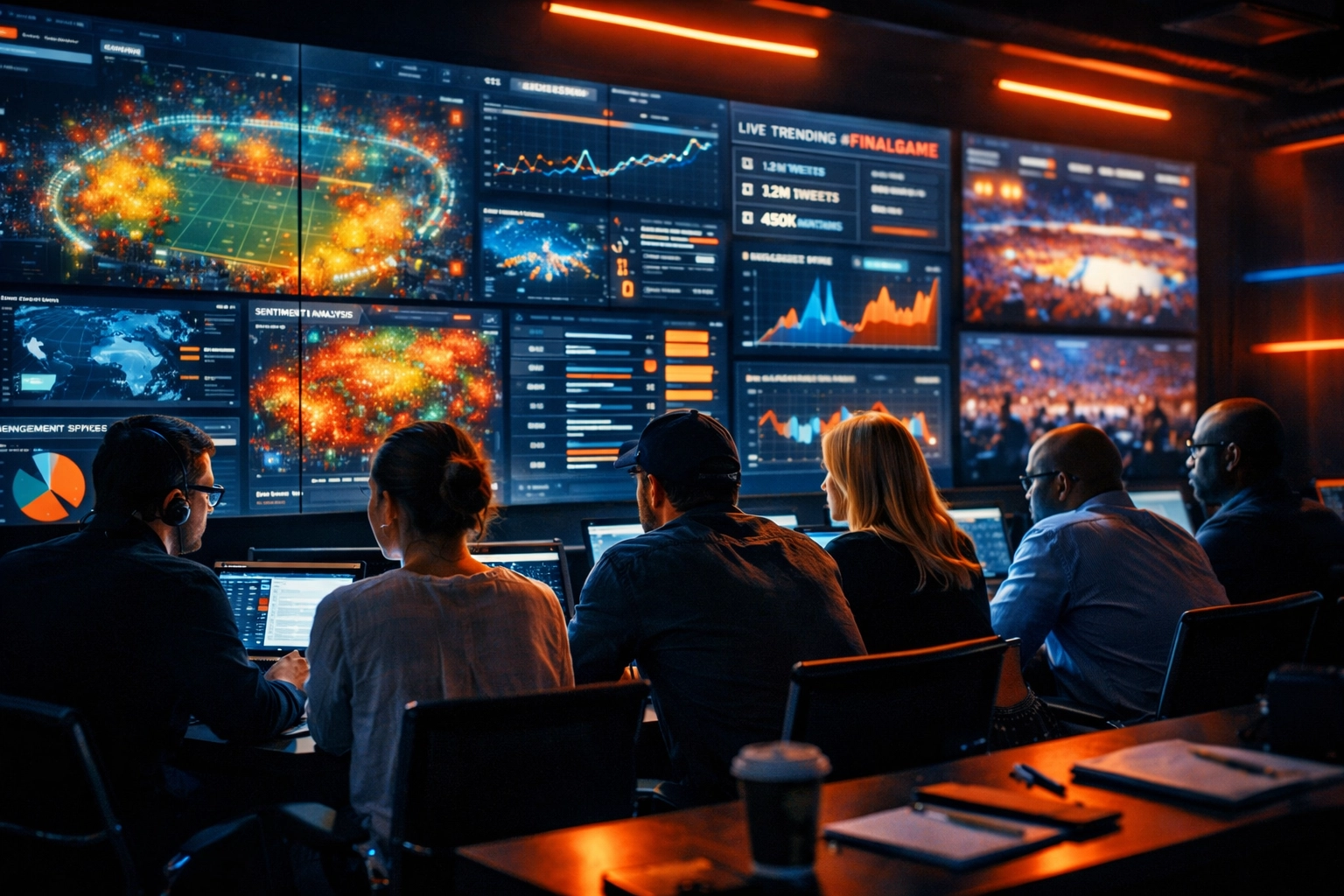 A digital marketing team monitoring real-time sports campaign analytics in a high-tech data war room.