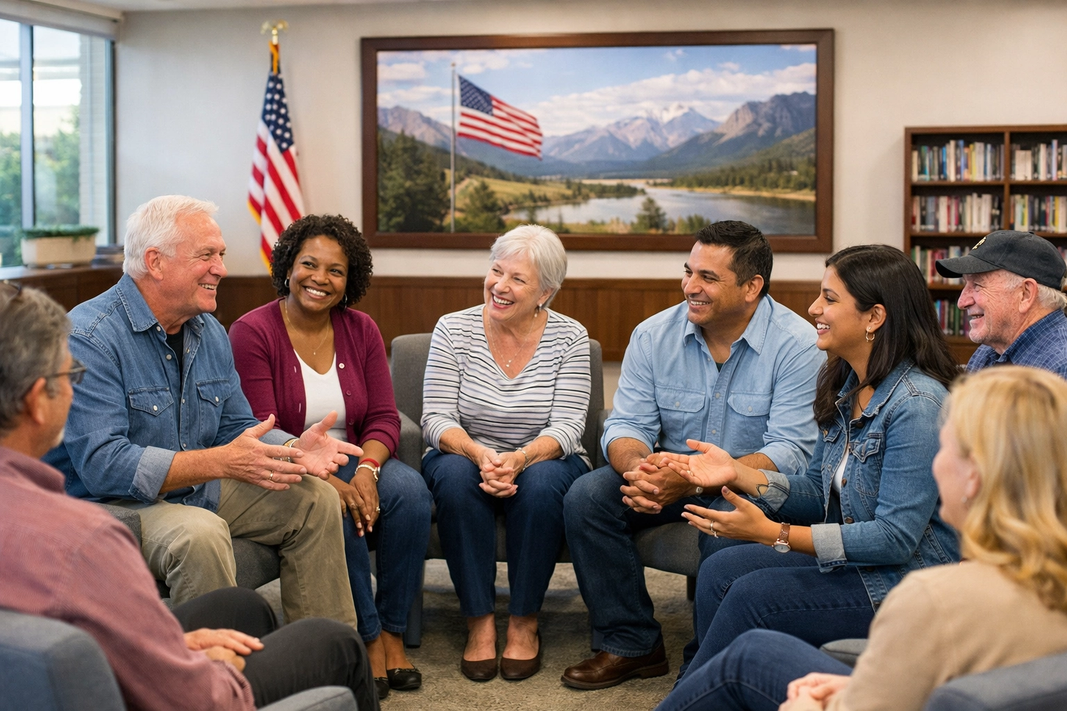 Diverse citizens participate in a community dialogue night to foster American unity and respect.