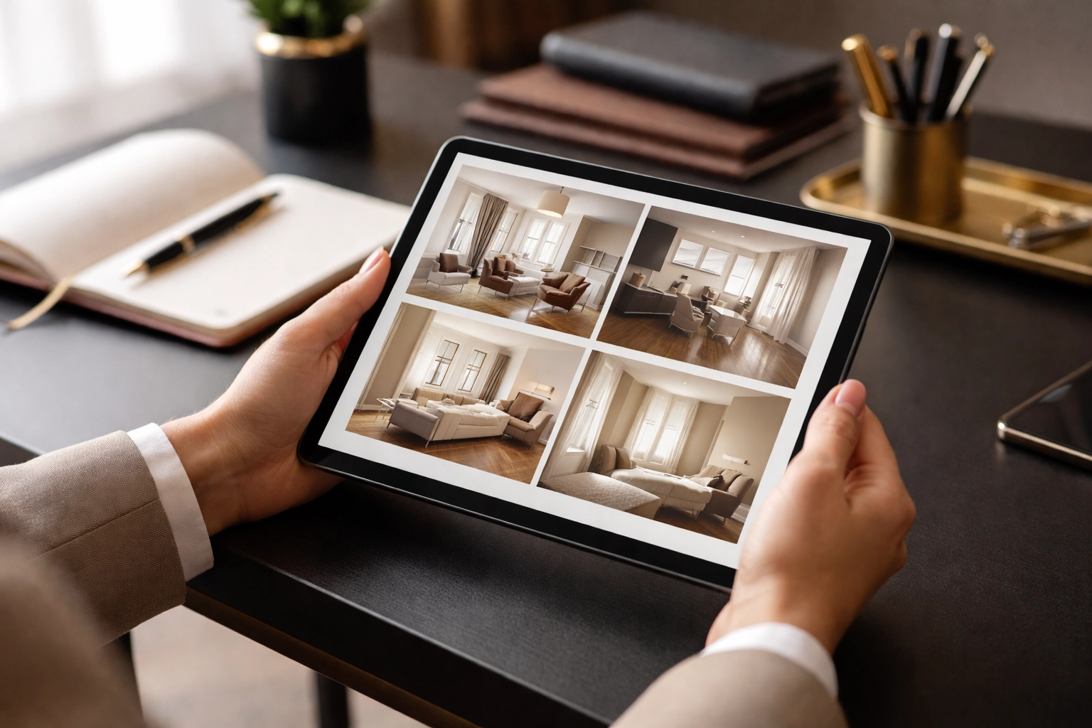 Hands holding a tablet reviewing property check in report photos, emphasizing digital landlord inventory documentation