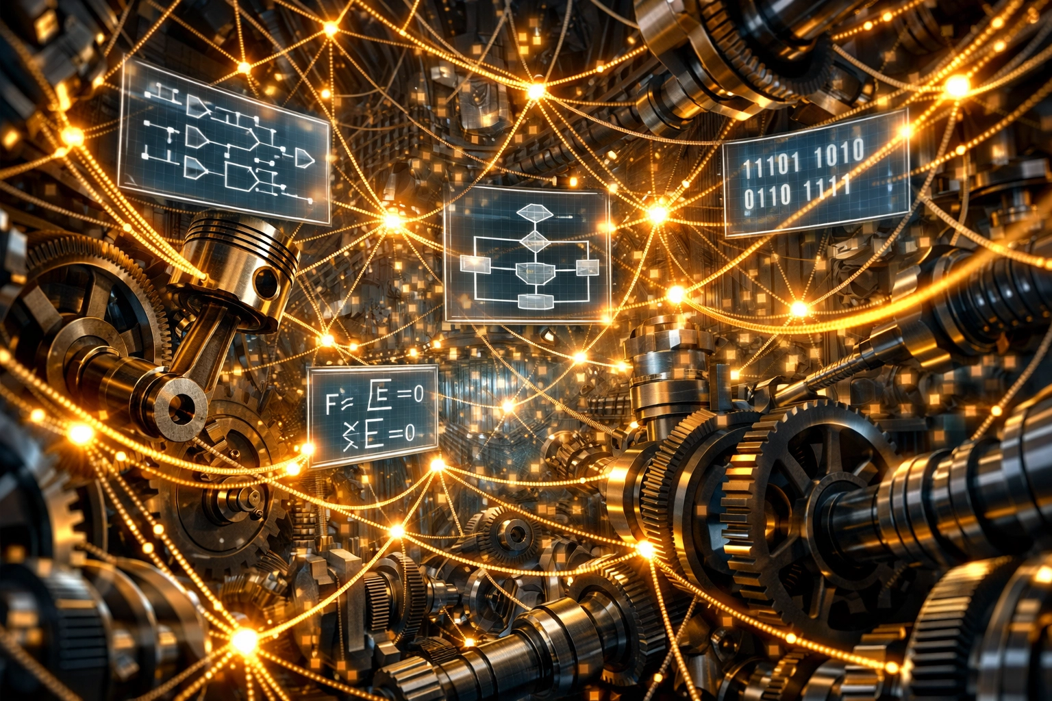 Visualization of engineering automation logic connecting complex CAD components.