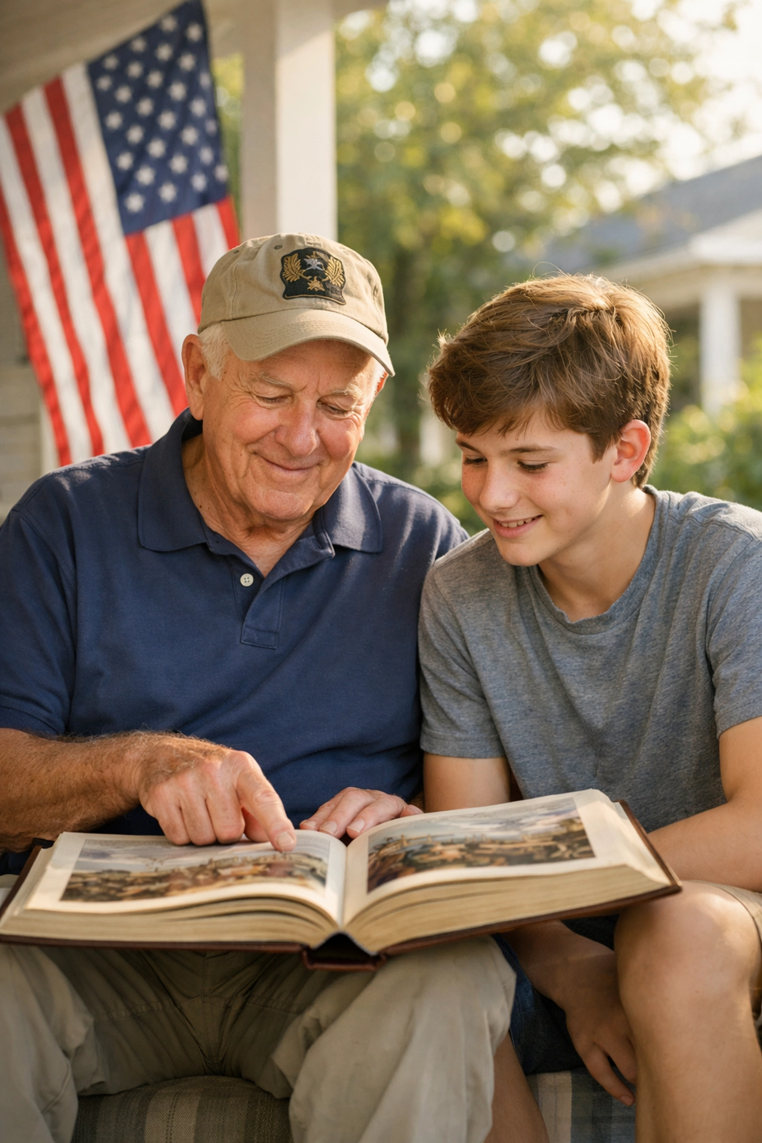 A veteran sharing historical stories with his grandson on a porch, emphasizing civic education and legacy.
