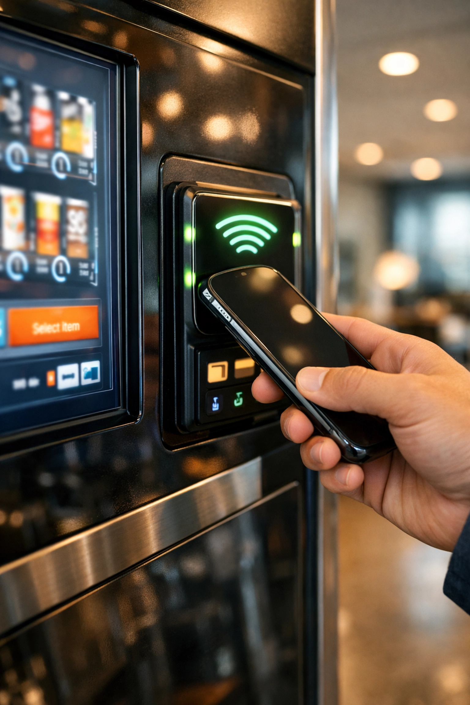 Modern office vending machine with contactless payment and touch screen for convenient employee snacks.