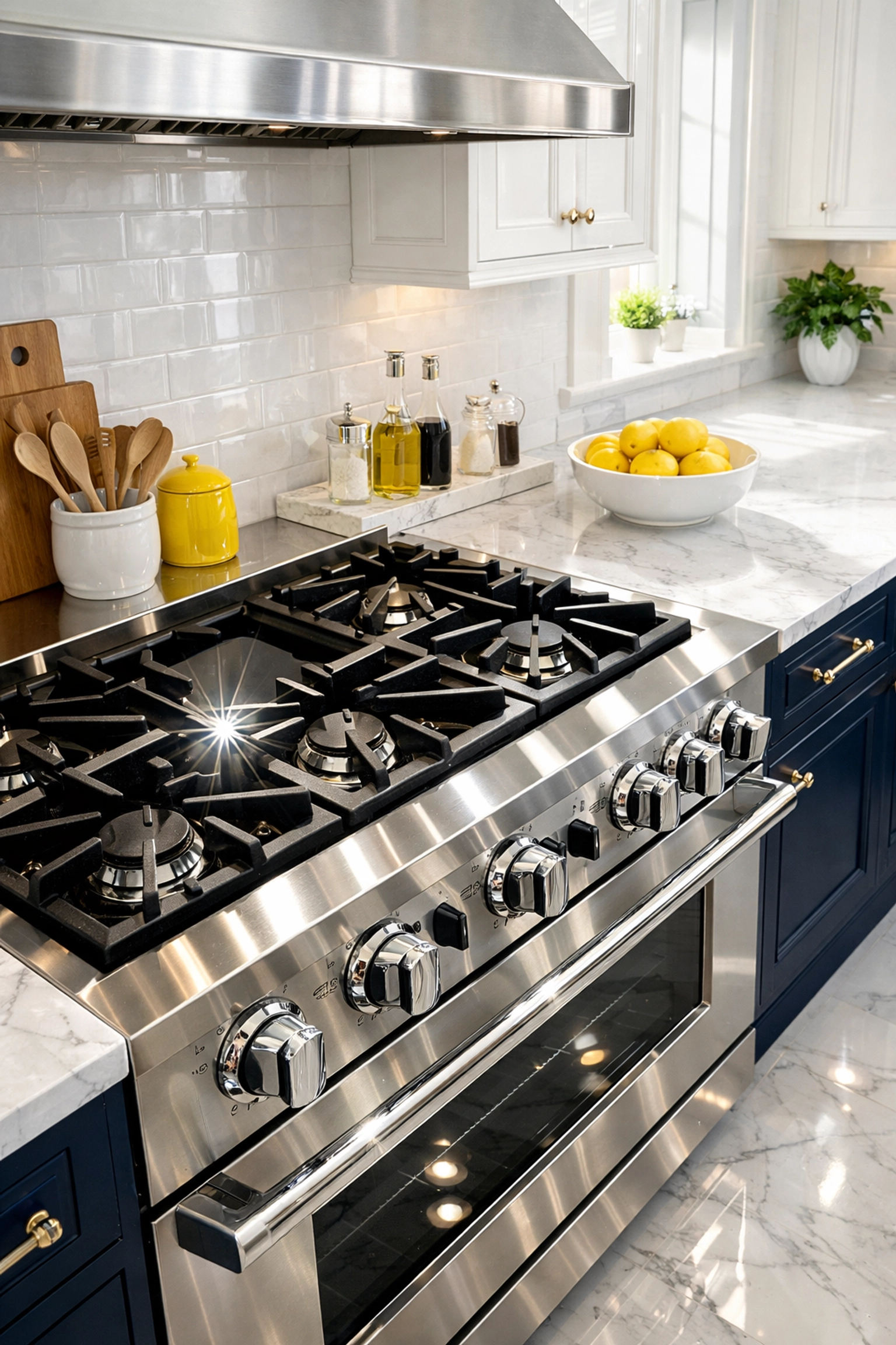 A deep-cleaned luxury kitchen in Pepperell MA with shiny marble countertops and a spotless stainless steel range.