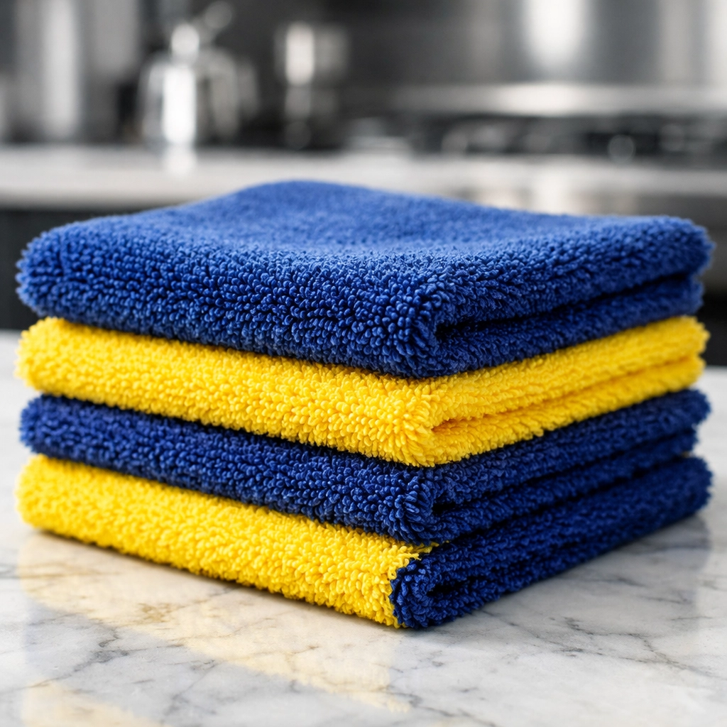 Deep blue and yellow microfiber cloths on a clean marble counter for an effective Winchester cleaning routine.