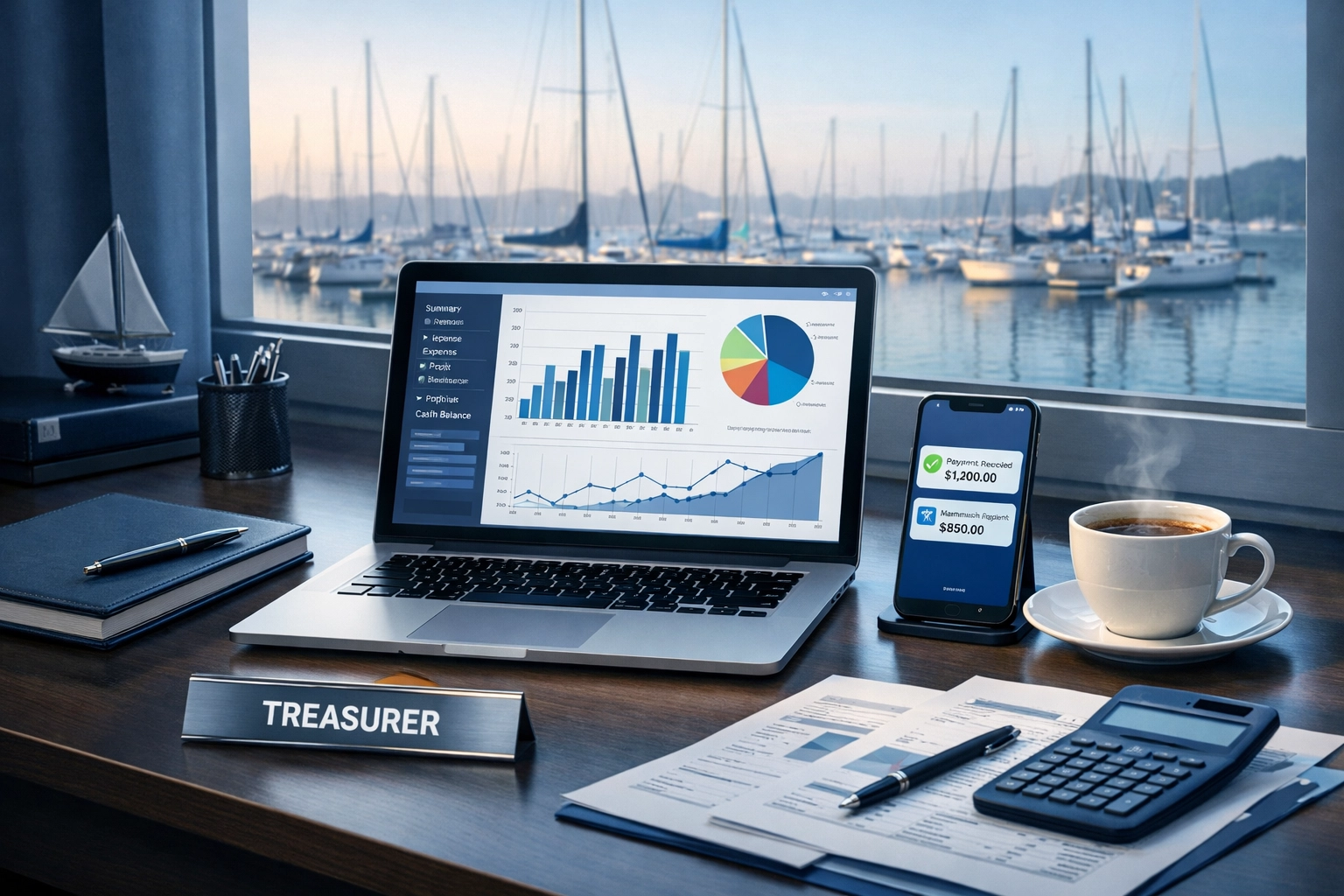 Yacht club treasurer workspace with financial dashboard and marina view