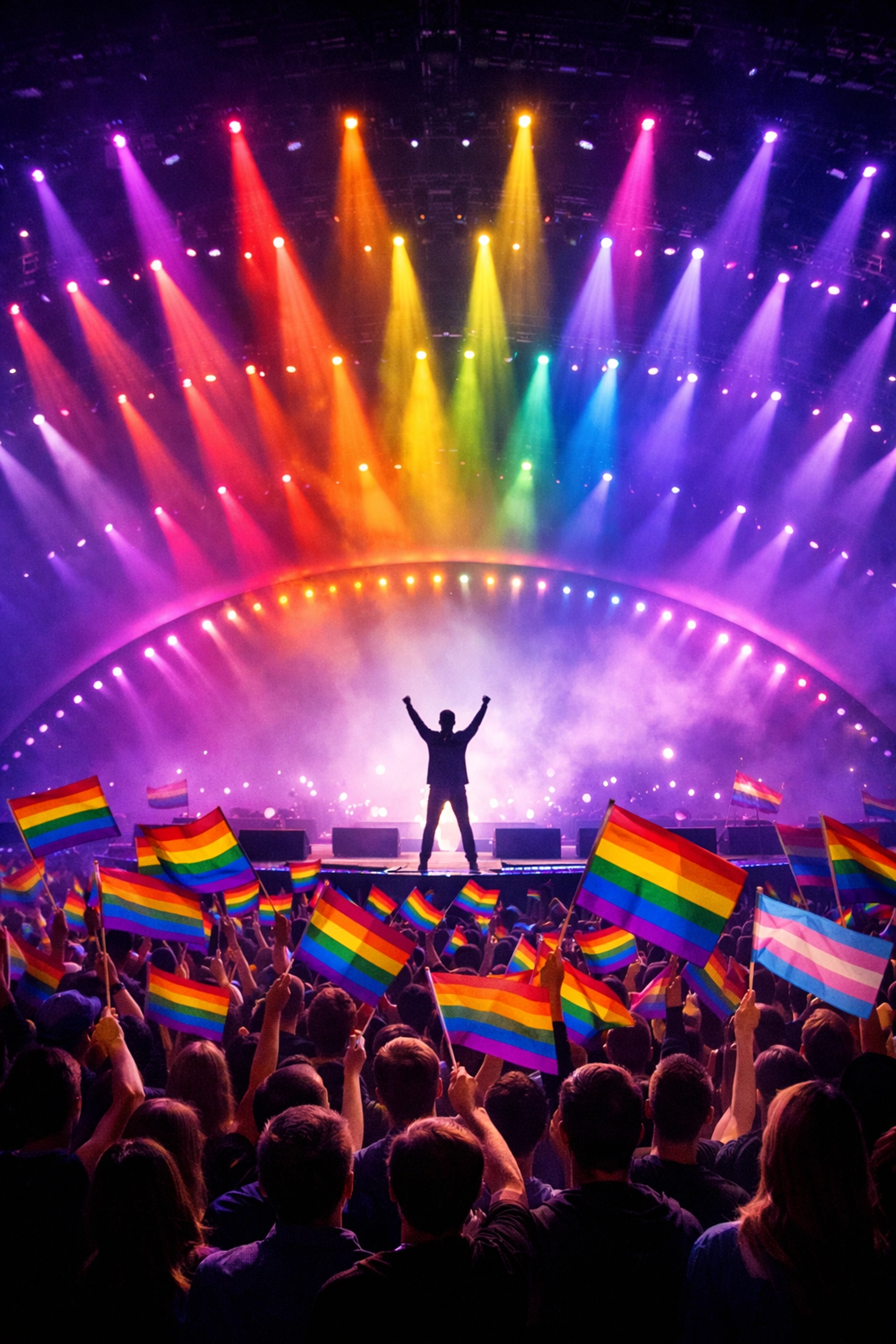 Eurovision stage illuminated with rainbow lights as LGBTQ+ fans wave pride flags in celebration