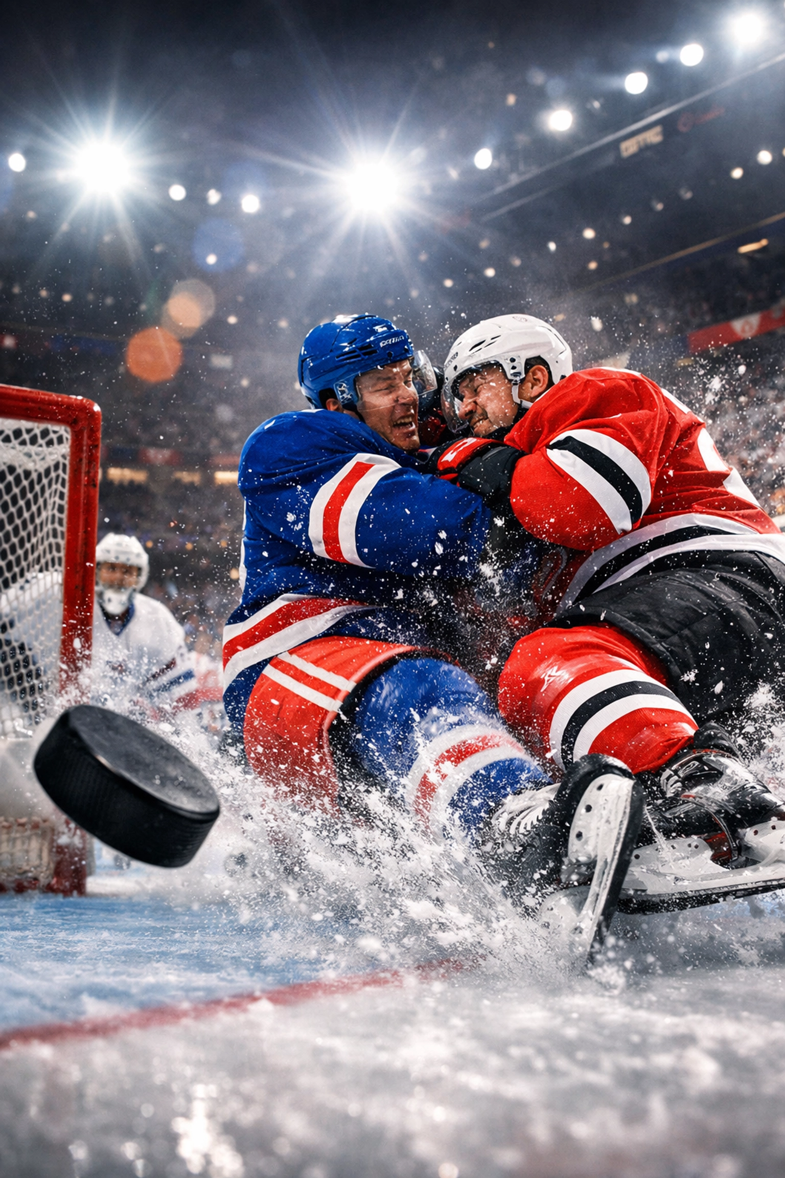 NHL Eishockey Action bei Spätspiel - intensive Zweikampfszene am Tor