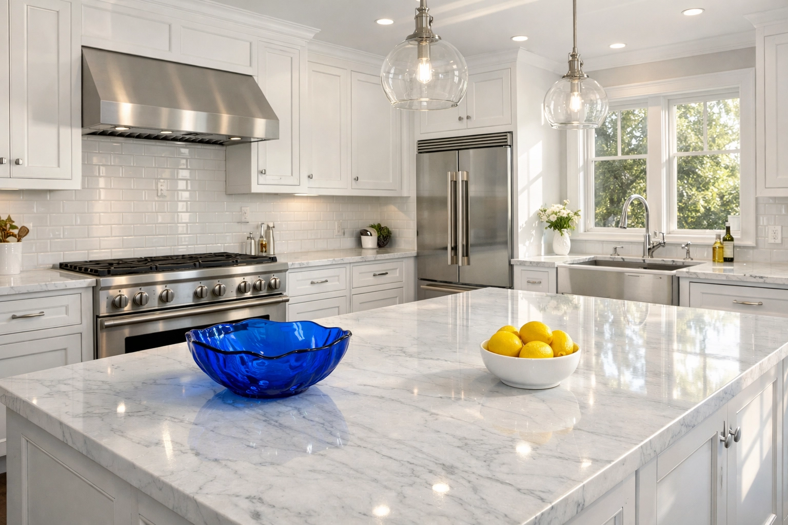 Spotless Massachusetts kitchen with white cabinets and marble counters after professional move-in cleaning.
