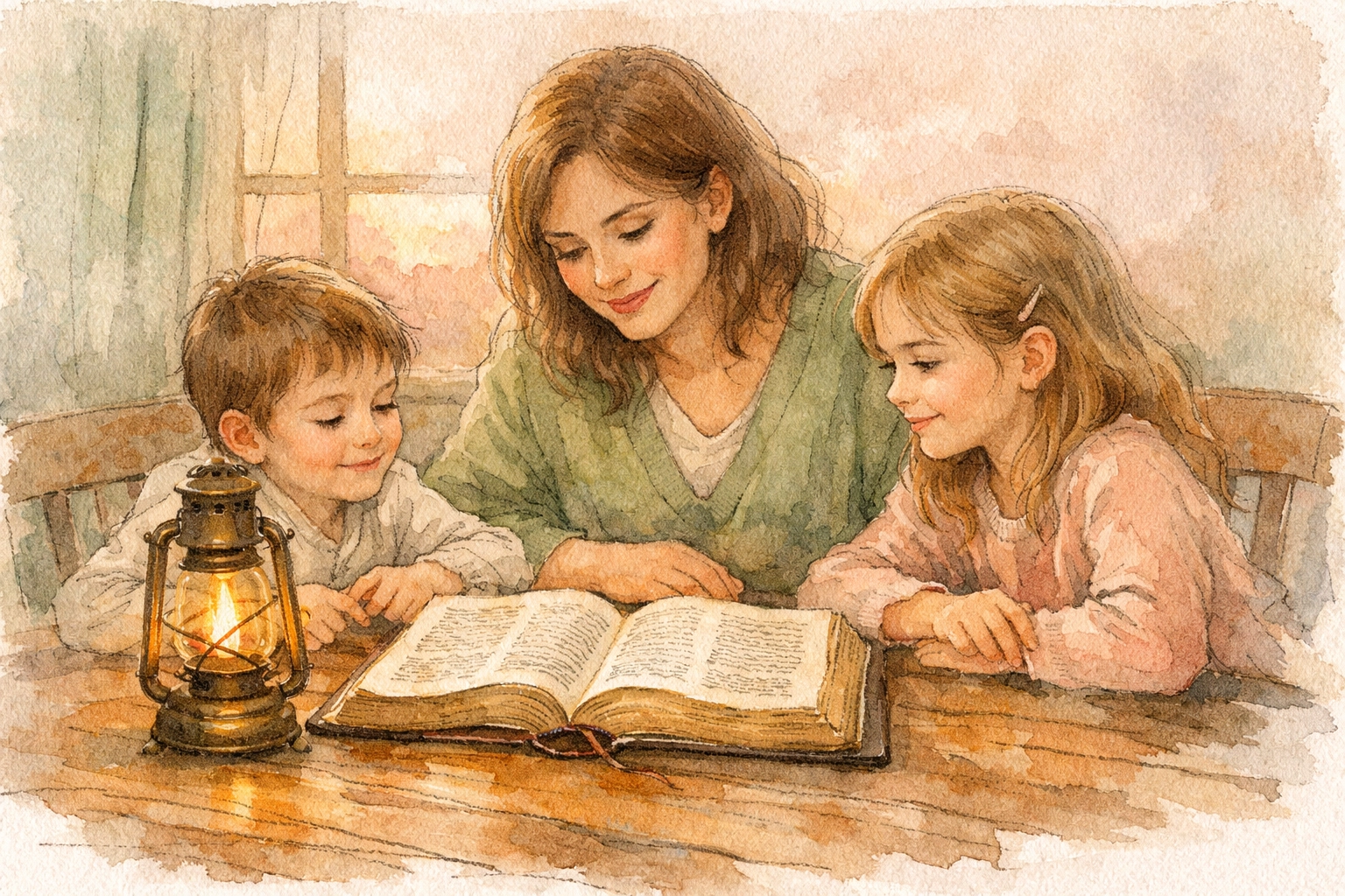 Mother and children gathering for a morning family devotional with an open Bible at a sunlit kitchen table.