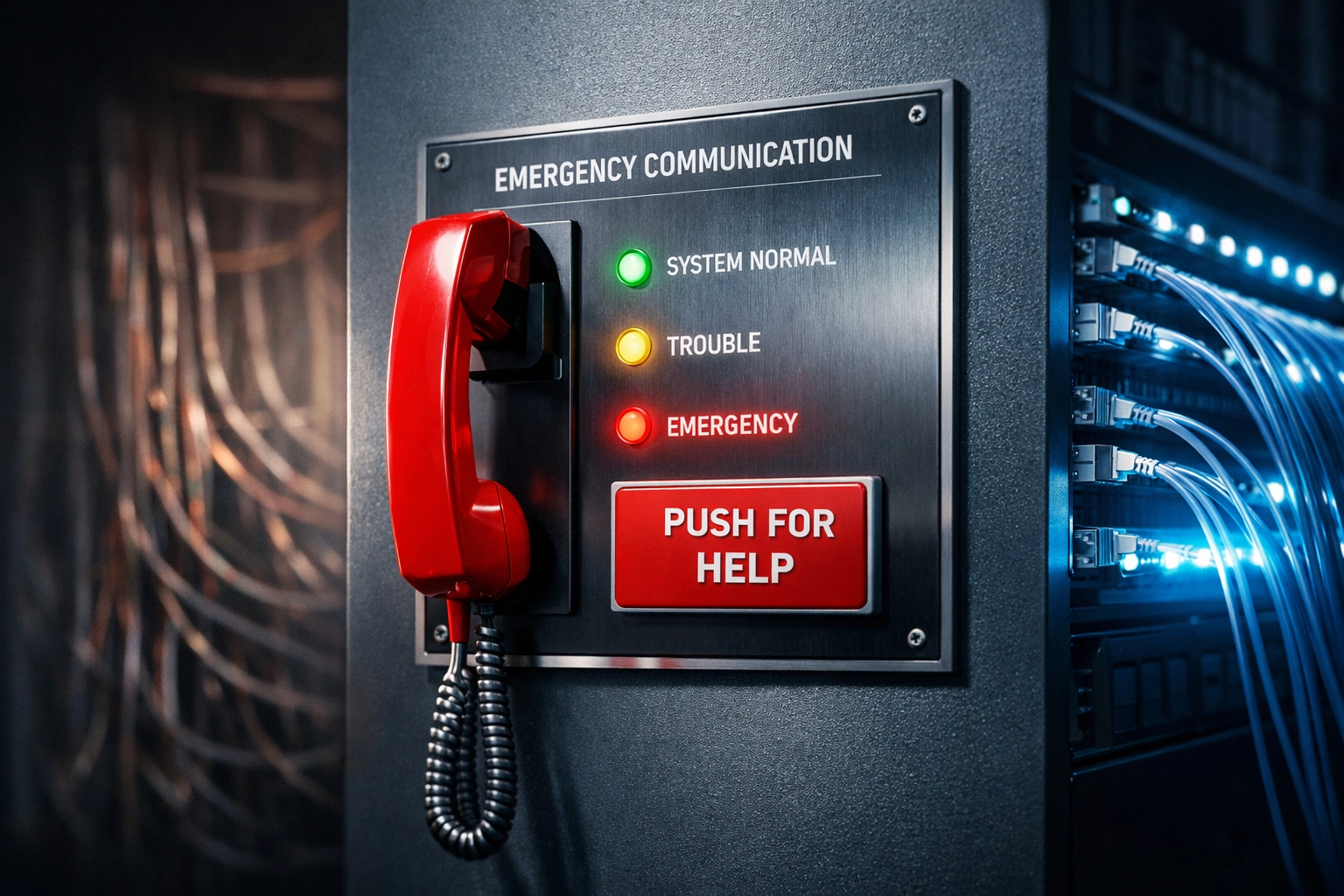 Emergency phone panel showing NFPA 72 compliant fiber optic POTS replacement with backup power