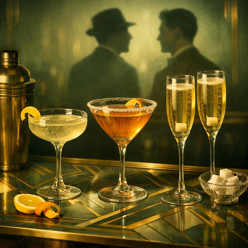 Classic 1920s prohibition cocktails including French 75 and Sidecar at gay speakeasy bar