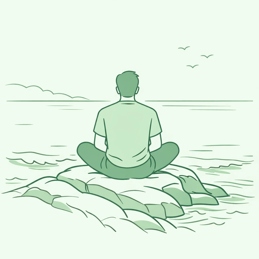 Solitary man finding peace on coastal rocks, representing queer self-discovery and completeness