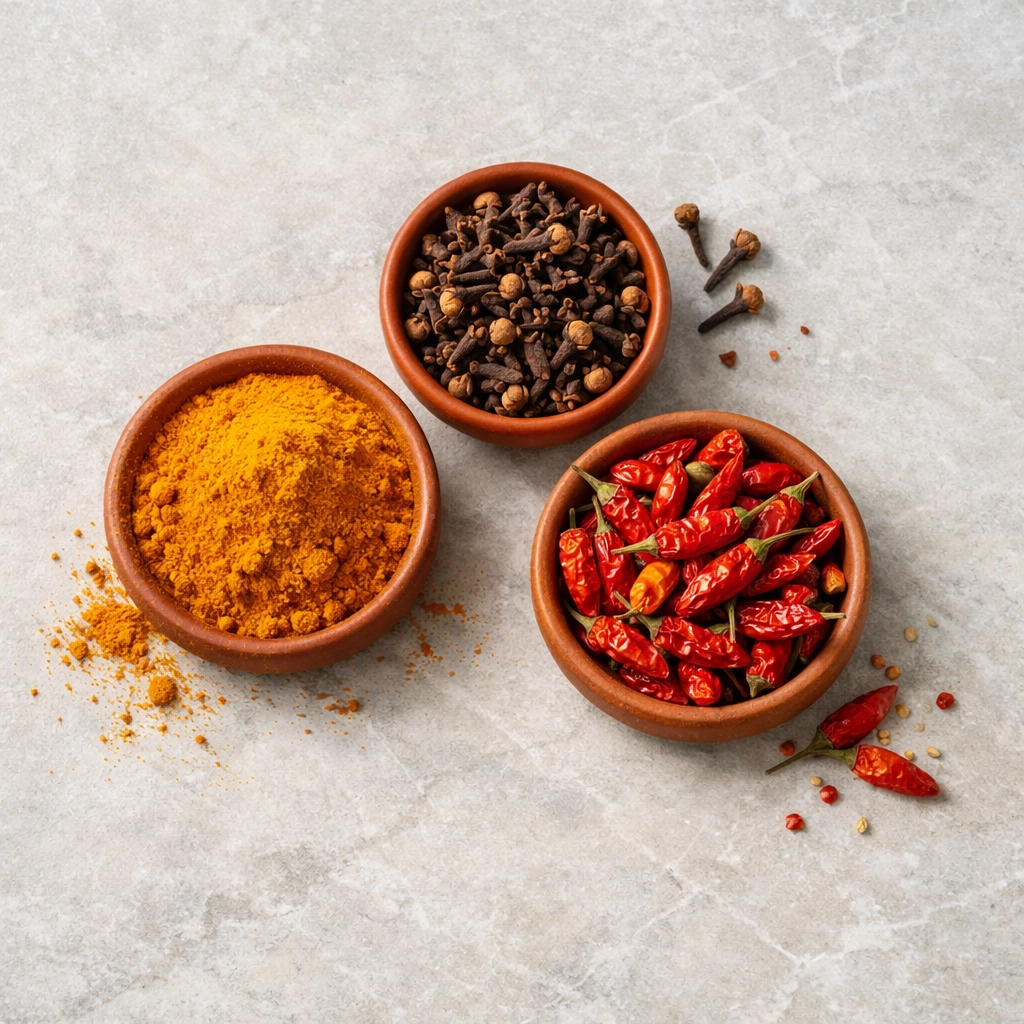 Pure turmeric powder, whole cloves, and chilies in rustic bowls, essential for a curated pantry when buying spices online.