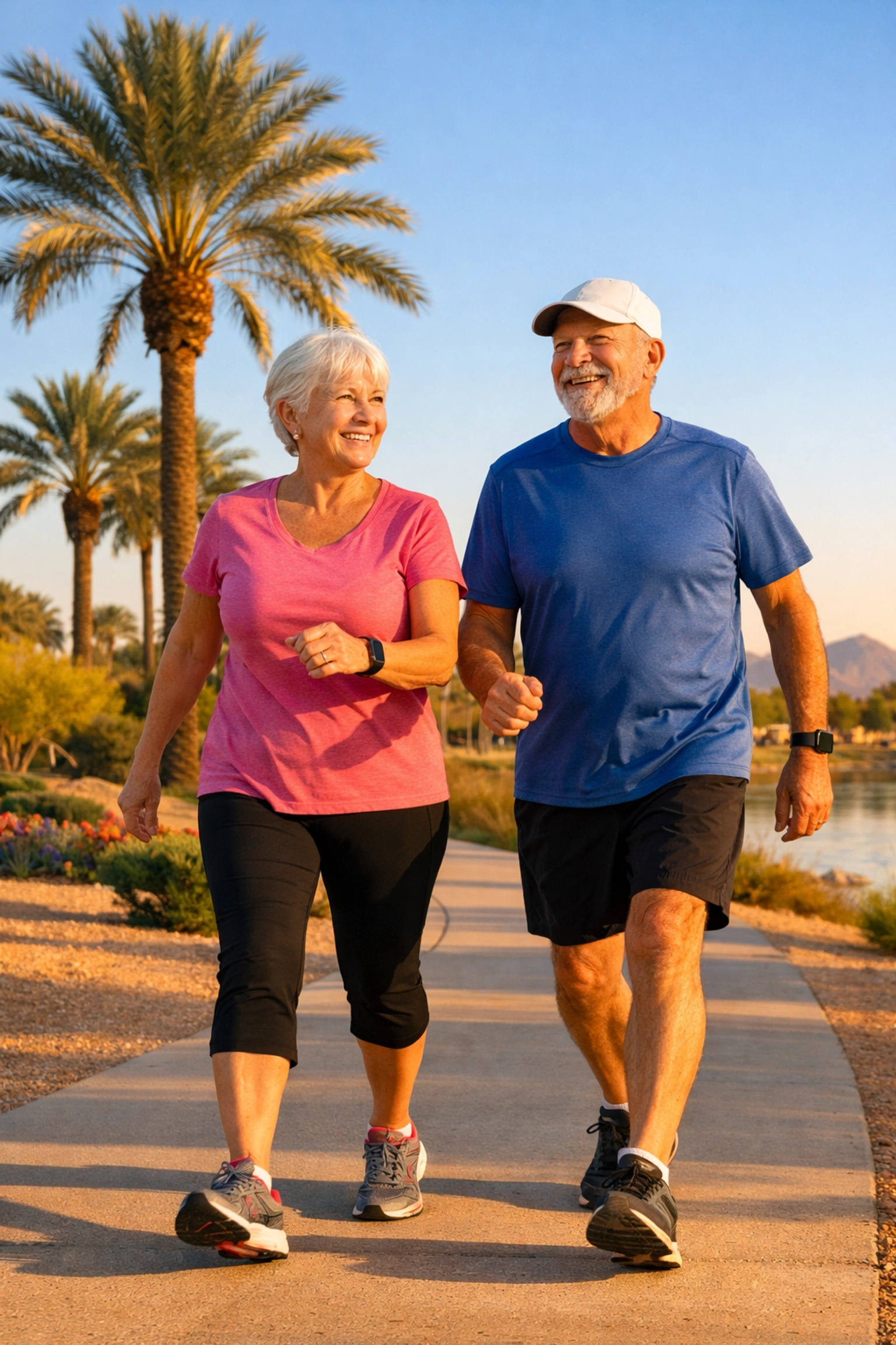 Active seniors walking safely in a park after receiving fall prevention physical therapy to improve their balance.