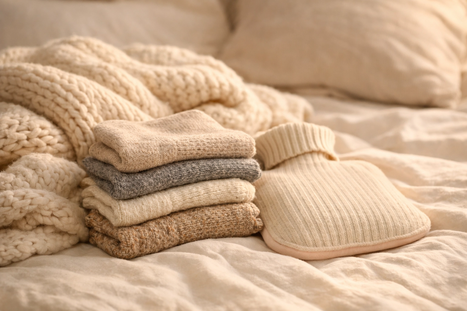 Cozy wool socks, a knit blanket, and a hot water bottle on a bed—simple, practical warmth for recovery.