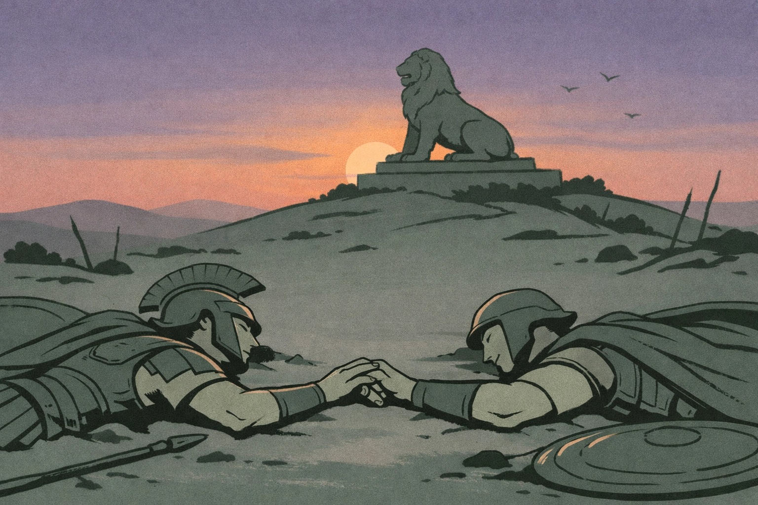 Fallen Sacred Band warriors at Chaeronea with Lion monument at sunset honoring their sacrifice