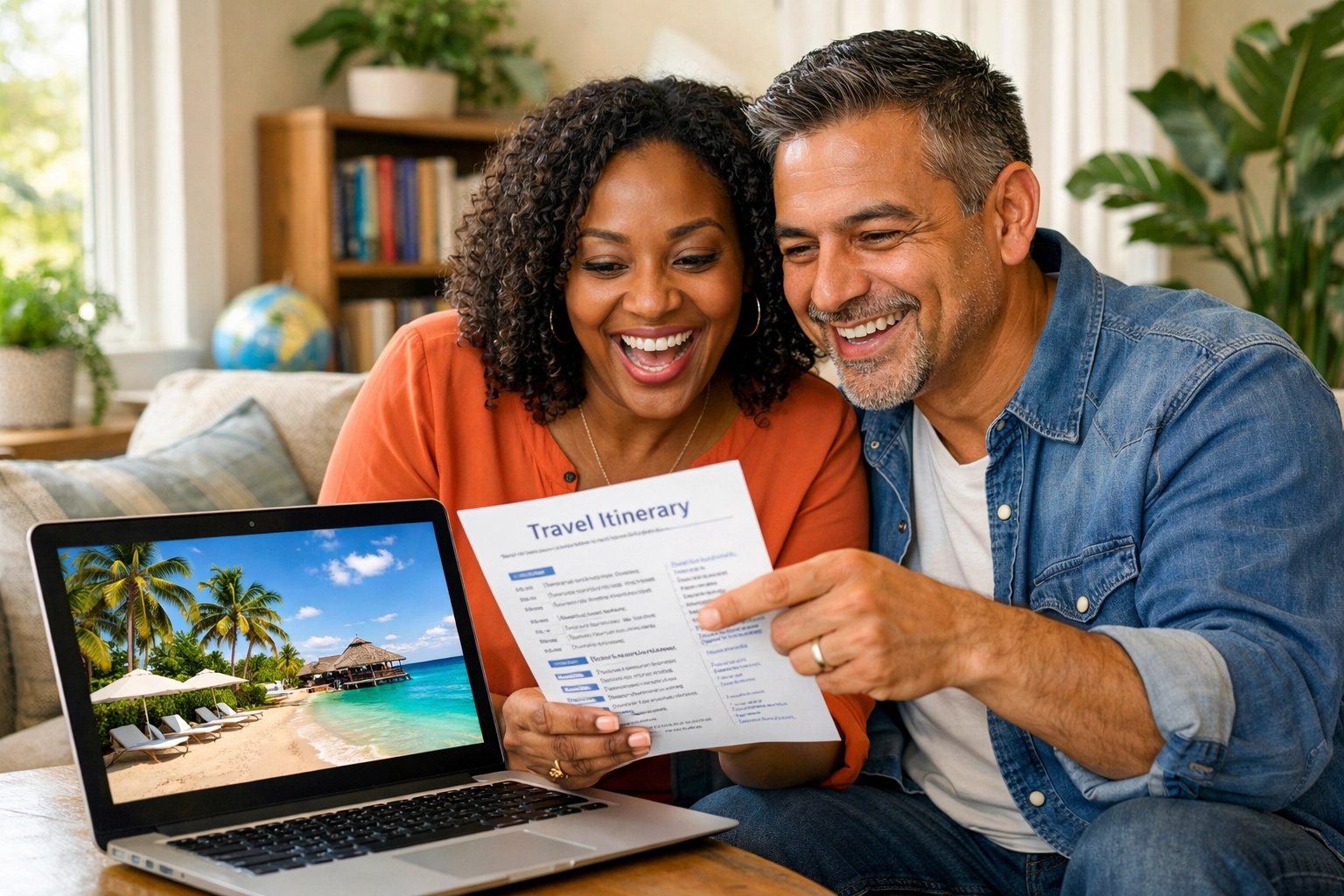 Couple reviewing personalized travel itinerary from agent adding value during follow-up process